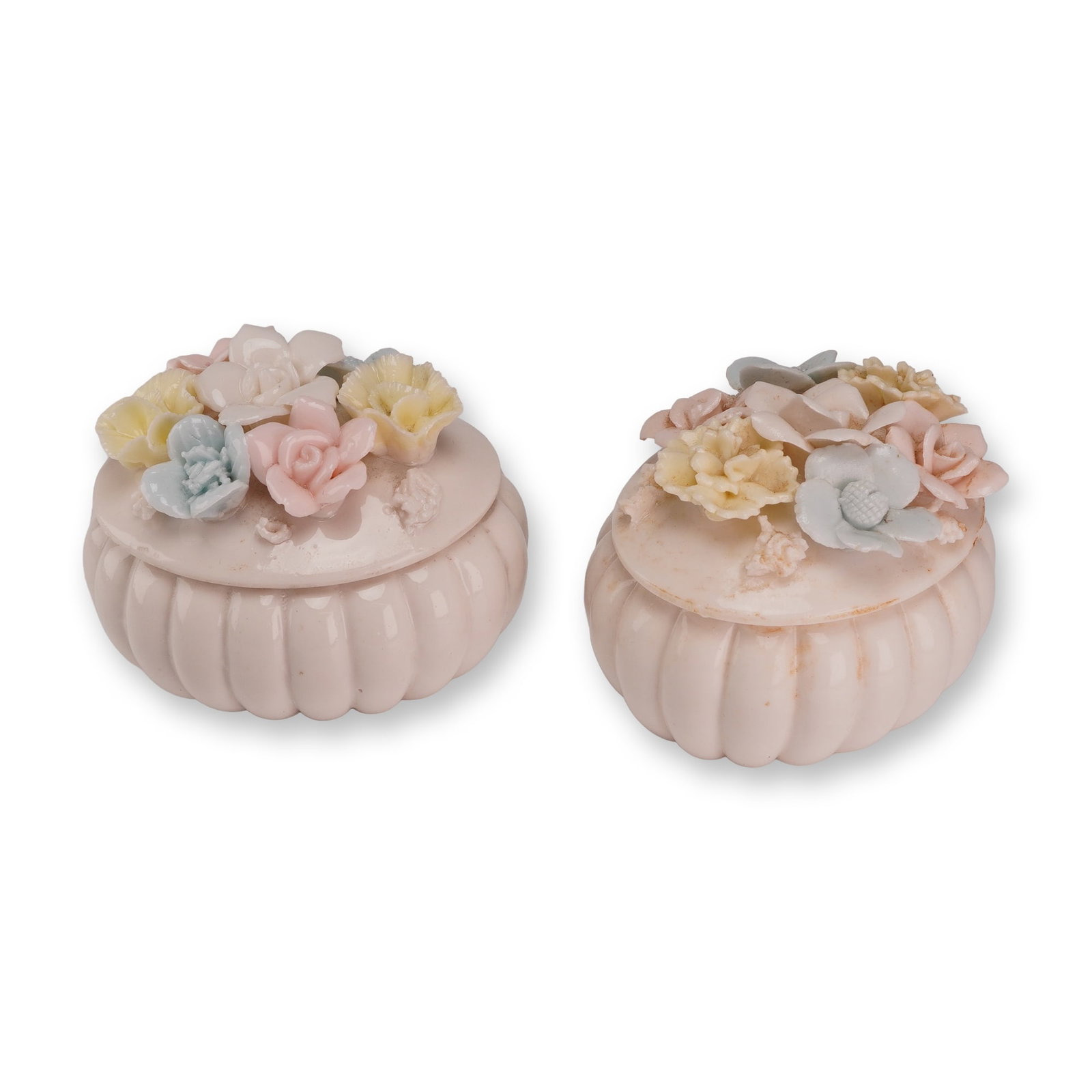 2pc Lenwile Ardalt Verithin Porcelain Floral Trinket Boxes: This pair of porcelain trinket boxes was produced for the Lenwile line by Ardalt in Japan. Each box features an oval form with a gadrooned or melon-lobed base finished in a high-gloss white glaze. The