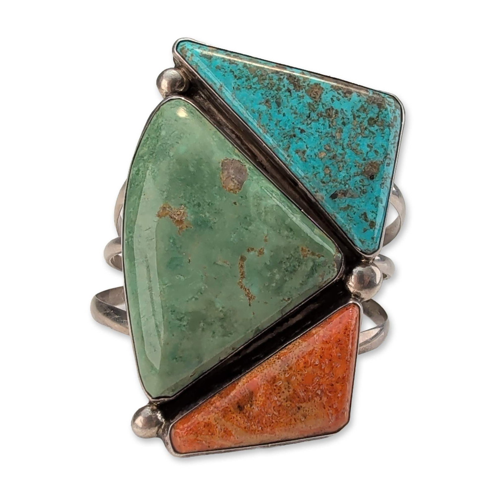 Adam Fierro Sterling Silver Multi-Stone Cuff Bracelet: Sterling silver cuff bracelet by Adam Fierro, featuring a central fan-shaped setting. The arrangement includes three bezel-set triangular stones: a large central green stone showing a brown matrix; an