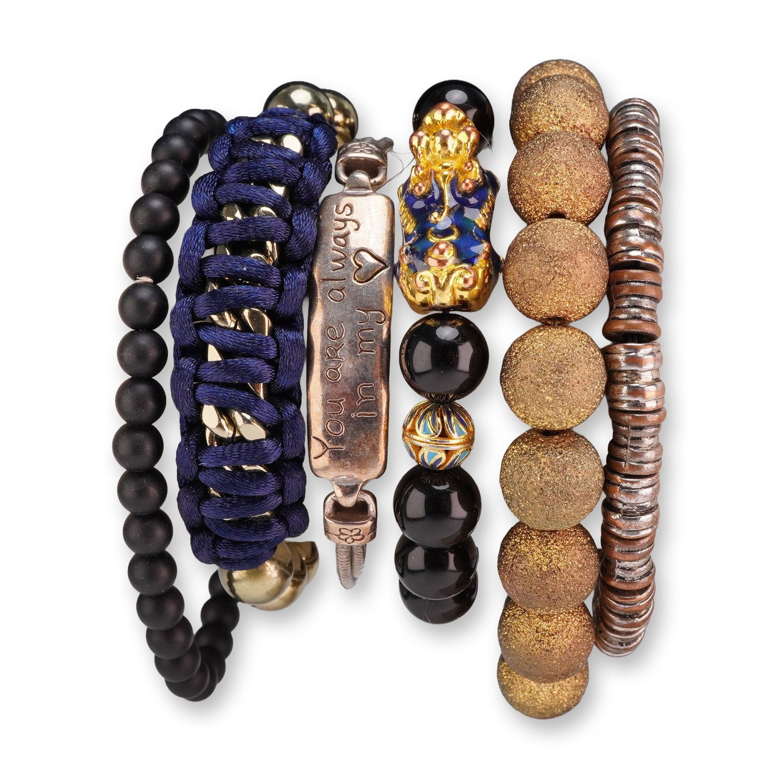 6pc Collection of Assorted Beaded and Fashion Bracelets Including Brighton: An assortment of six fashion bracelets featuring a variety of materials and designs. The collection includes a silver-tone multi-strand snake chain bracelet by Brighton, featuring a central rectangula