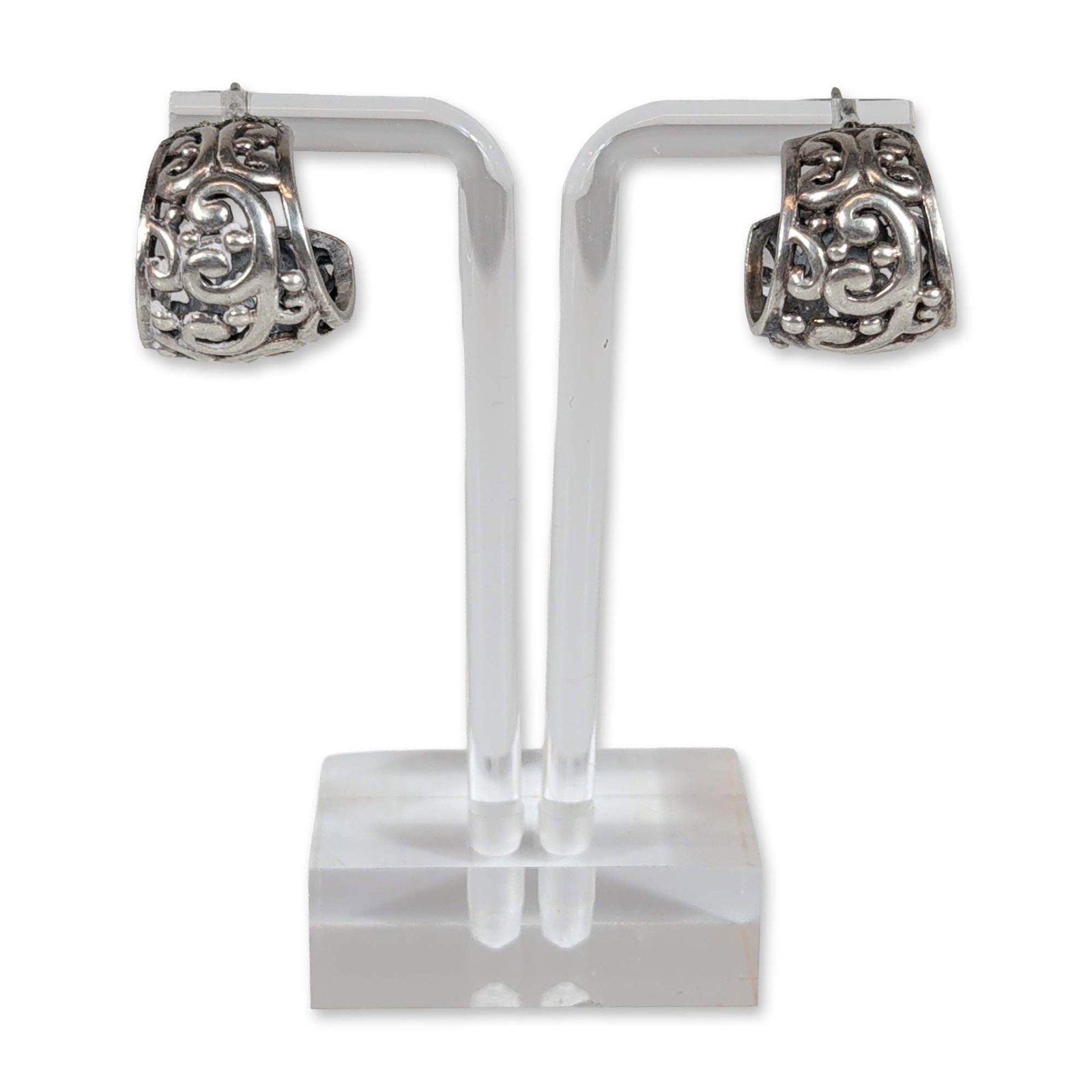 Pair of Sterling Silver Filigree J-Hoop Earrings (1 of 3)