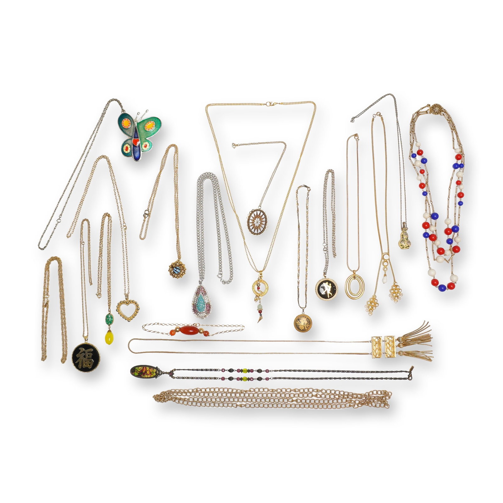 Gold and Silver-Tone Mixed Costume Jewelry Necklace and Pendant Collection, 20 Pieces: This comprehensive collection features a variety of vintage and contemporary costume jewelry pieces, primarily necklaces with one included bracelet. The lot contains various base metal chains in gold-
