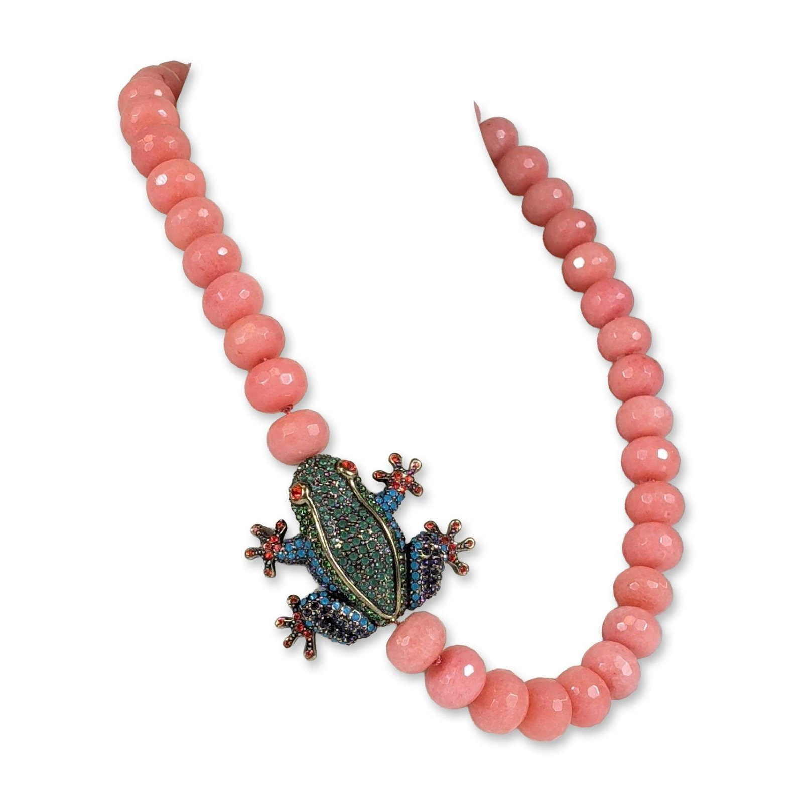 Heidi Daus Crystal Frog Beaded Necklace: Heidi Daus beaded necklace in antiqued bronze-tone metal, featuring a central three-dimensional frog ornament. The frog is pave set with multi-colored round crystals in shades of green, blue, purple, 