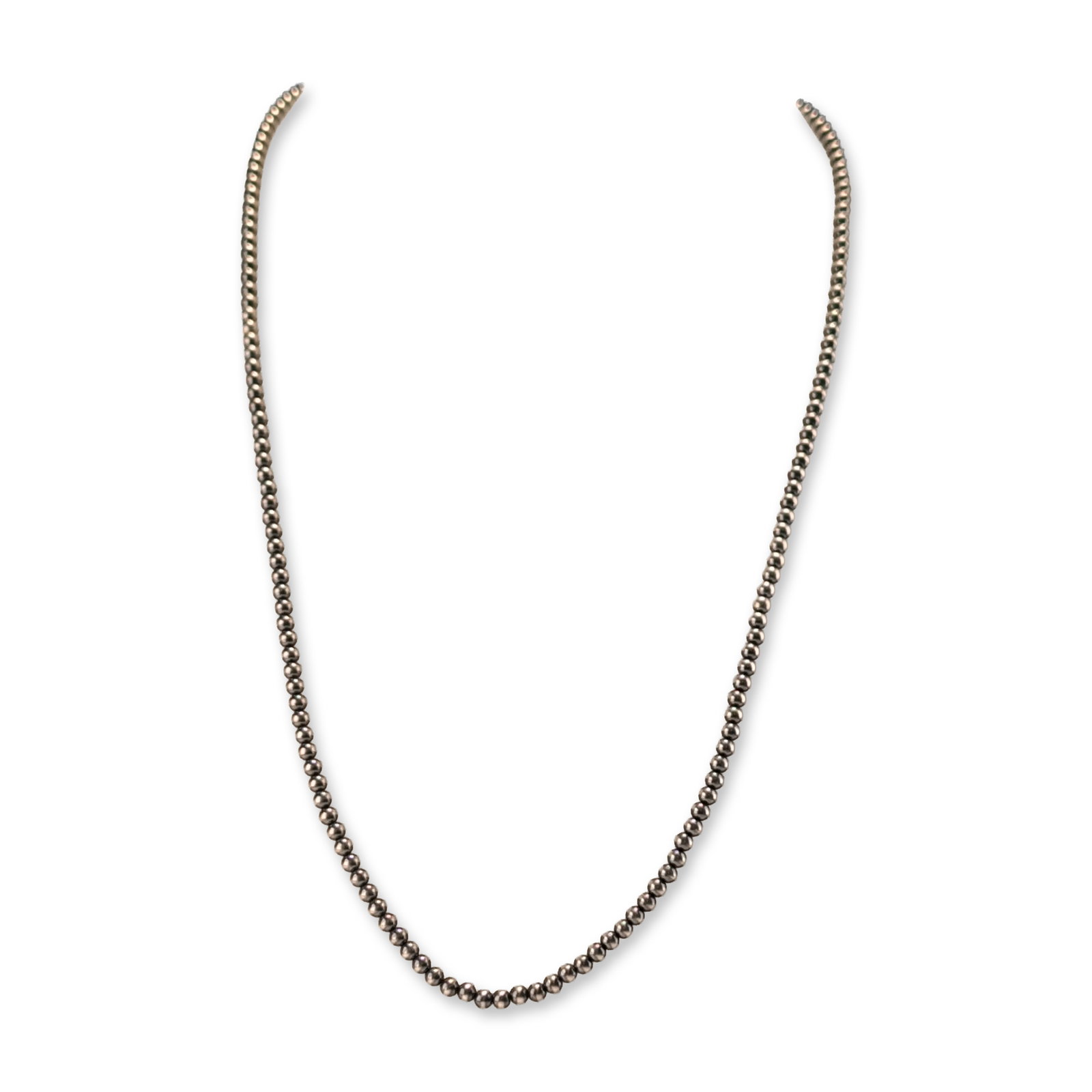 Sterling Silver Bead Necklace: Bead necklace in sterling silver featuring a single strand of uniform spherical beads. Secured by a lobster claw clasp stamped 925 on the lever. Thermo Scientific Niton XL2 XRF Precious Metal Analyzer