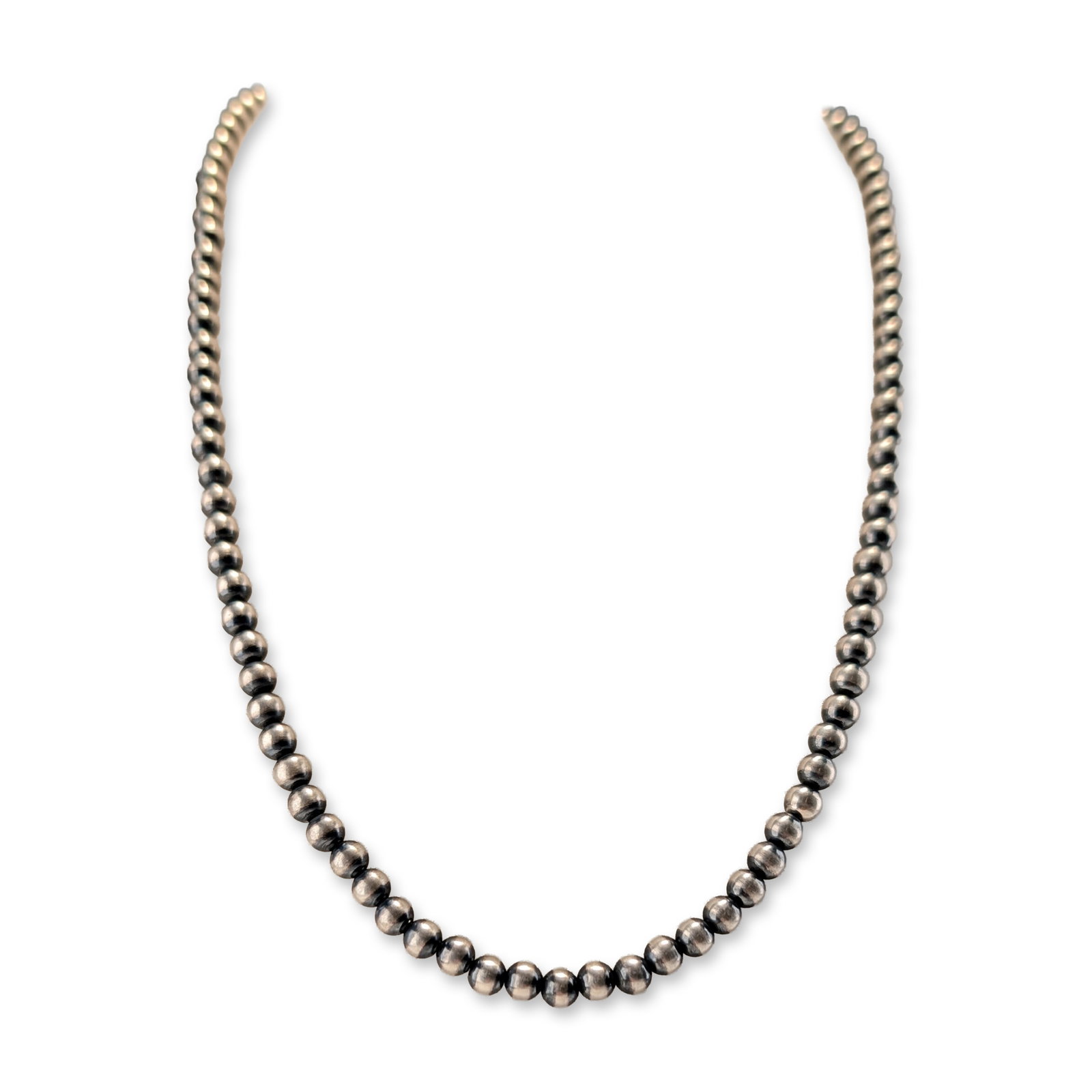 Sterling Silver Southwestern Navajo Pearl Style Bead Necklace: Sterling silver Southwestern Navajo pearl style necklace composed of a single strand of uniform spherical beads. The strand terminates in a silver-tone metal hook-and-eye clasp. Thermo Scientific Nito