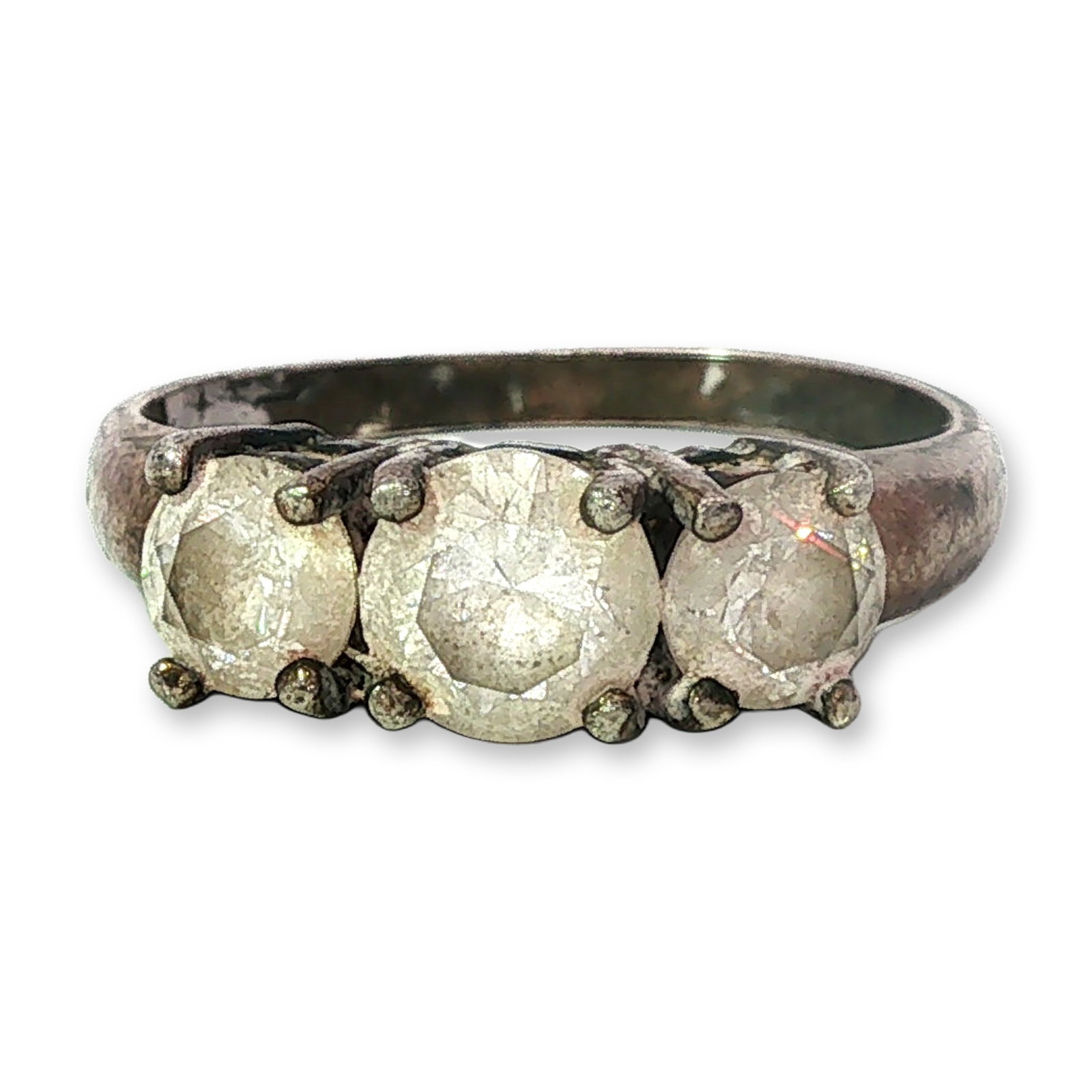 Sterling Silver Trilogy 3 Stone Ring: A sterling silver ring featuring three round-cut clear gemstones. No visible stamp. Thermo Scientific Niton XL2 XRF Precious Metal Analyzer tested. Dimensions: 1.00"L x 0.75"W Weight: 3.20g