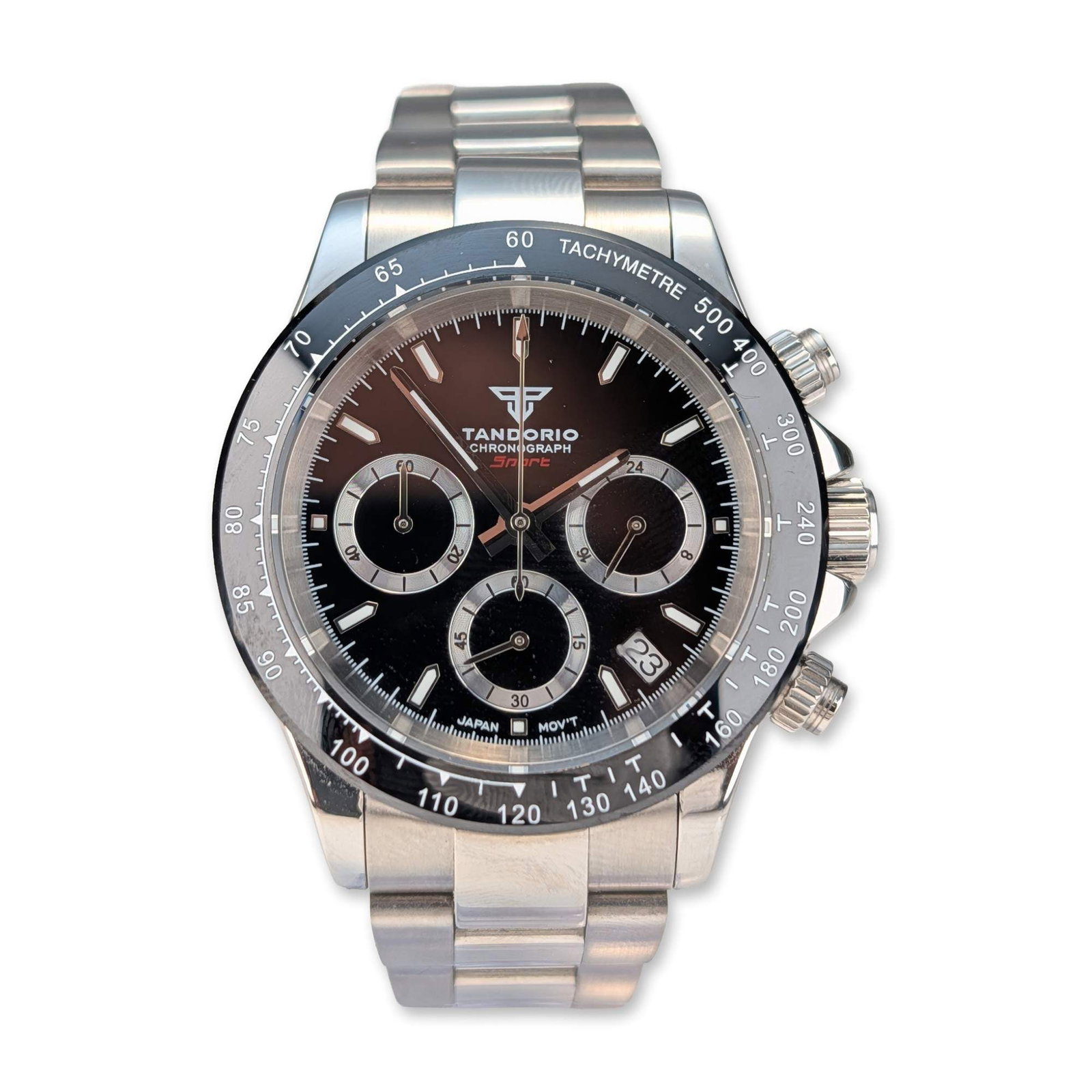 Tandorio Stainless Steel Sport Chronograph Wristwatch: Tandorio Sport Chronograph wristwatch in stainless steel, featuring a black dial with three silver-toned sub-dials and a date window positioned between 4 and 5 o'clock. The dial is marked with the