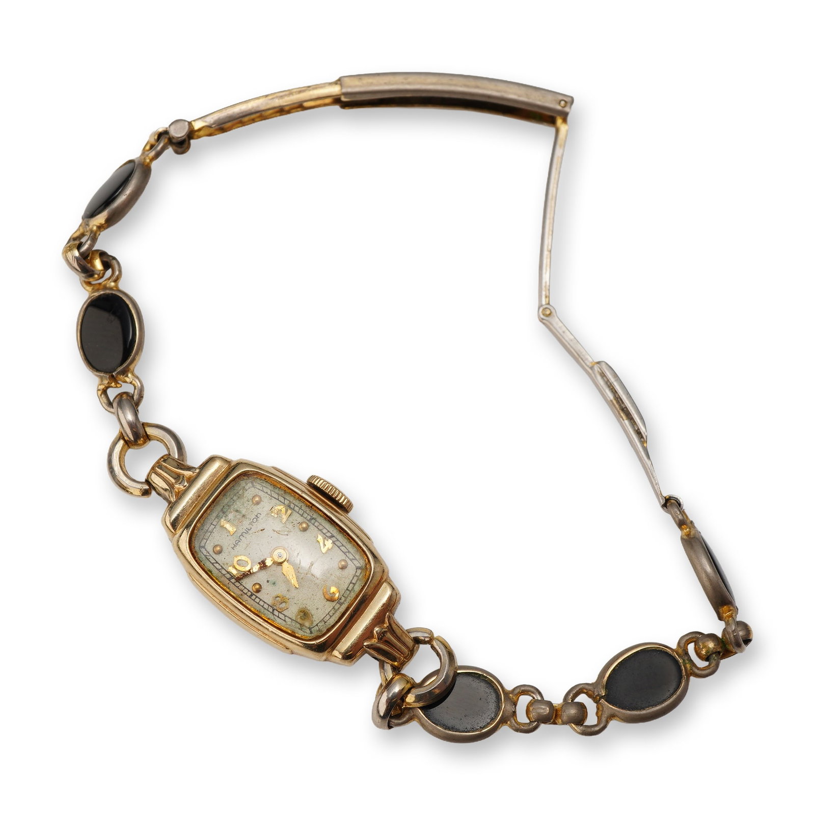 Vintage Hamilton Ladies Wristwatch with Hadley 10K Gold Filled Black Cabochon Bracelet: This vintage ladies wristwatch features a gold-tone case and a decorative link bracelet. The dial is marked HAMILTON and features gold-tone applied Arabic numerals at the even positions with dot marke