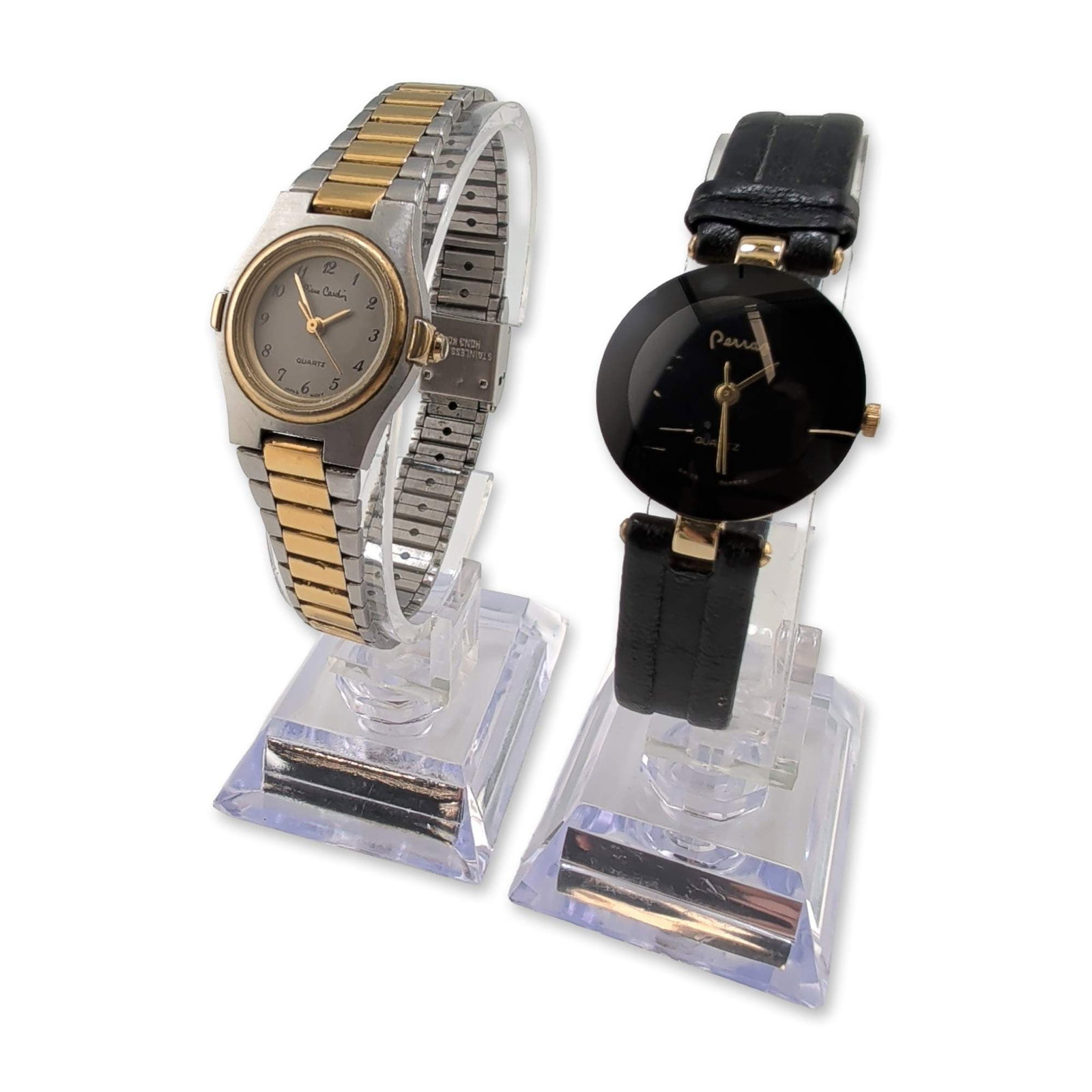 Two Women's Quartz Wristwatches Including Pierre Cardin: Two women's quartz wristwatches. The first example features a round case with a wide black bezel and a black dial with gold-tone hands and cursive Perraz signature. Case back stamped Electro Gold Plat