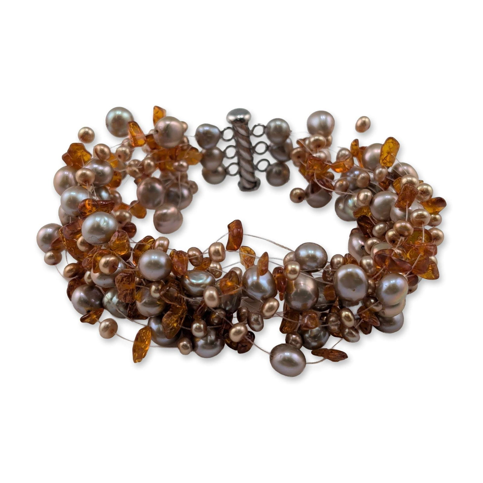 Iridesse by Tiffany & Co. Sterling Silver Pearl and Amber Bracelet: Iridesse by Tiffany & Co. multi-strand station-set bracelet. Contemporary piece featuring strands of clear monofilament mounted with silver-grey and champagne-toned baroque cultured freshwater pearls,