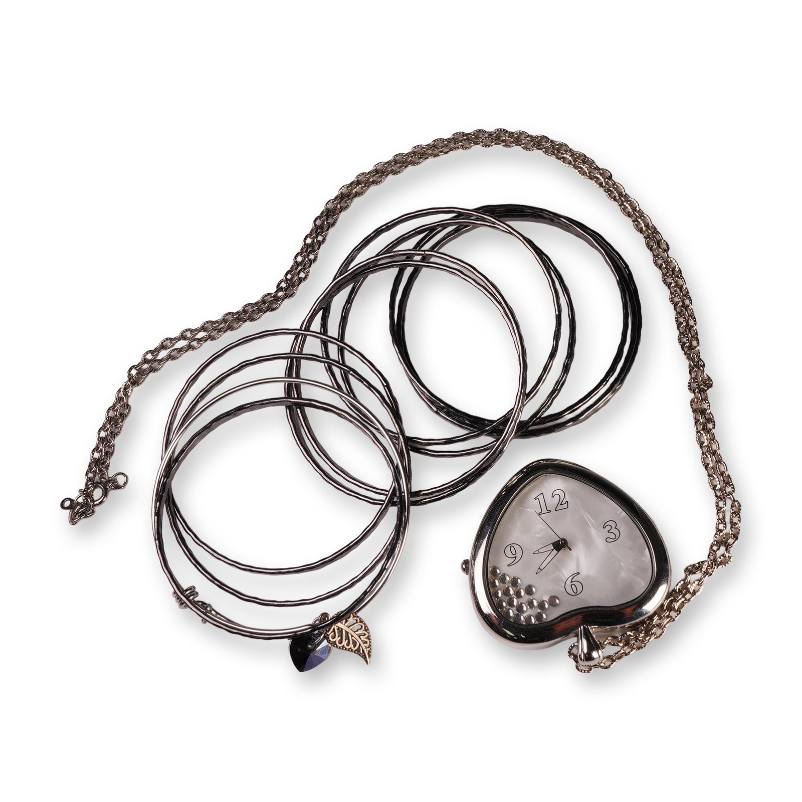 12pc Costume Jewelry, Watch Necklace, Charm Bangle and Gray Metal Bangles: Stylish costume jewelry collection including a mix of contemporary silver-tone accessories. The lot features a heart-shaped pendant watch necklace with a white mother-of-pearl dial and loose
