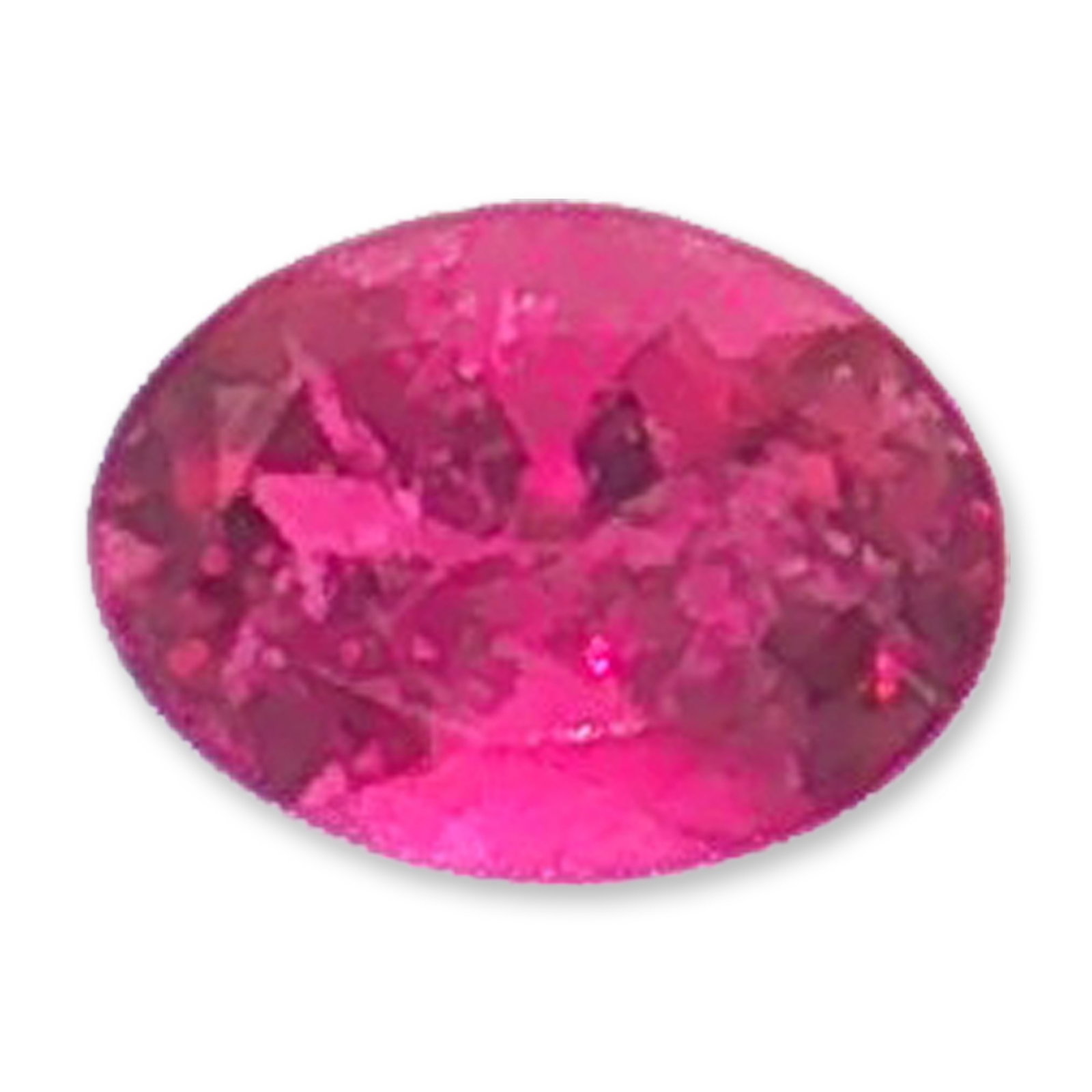 Oval Cut Pigeon Blood Red Loose Citrine: A loose gemstone which appears to be citrine, fashioned into a classic oval mixed cut. The stone displays a saturated pinkish-red hue described as pigeon blood red and features sharp facet junctions.