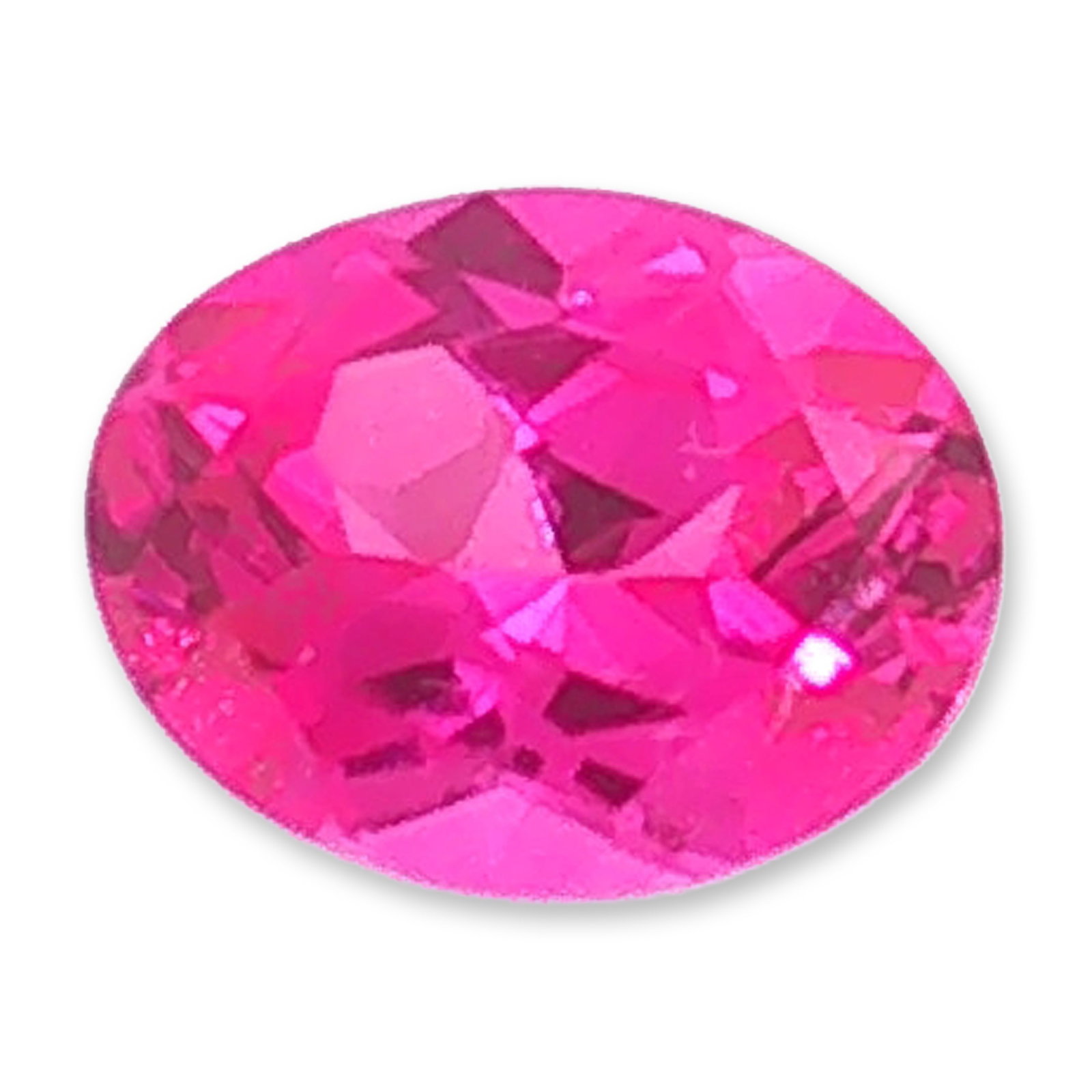 Oval Cut Purplish-Red Loose Sapphire: Unmounted faceted gemstone, appearing to be a sapphire, showcasing a vibrant purplish-red hue. The stone is fashioned into a classic oval cut and exhibits visible internal inclusions typical of