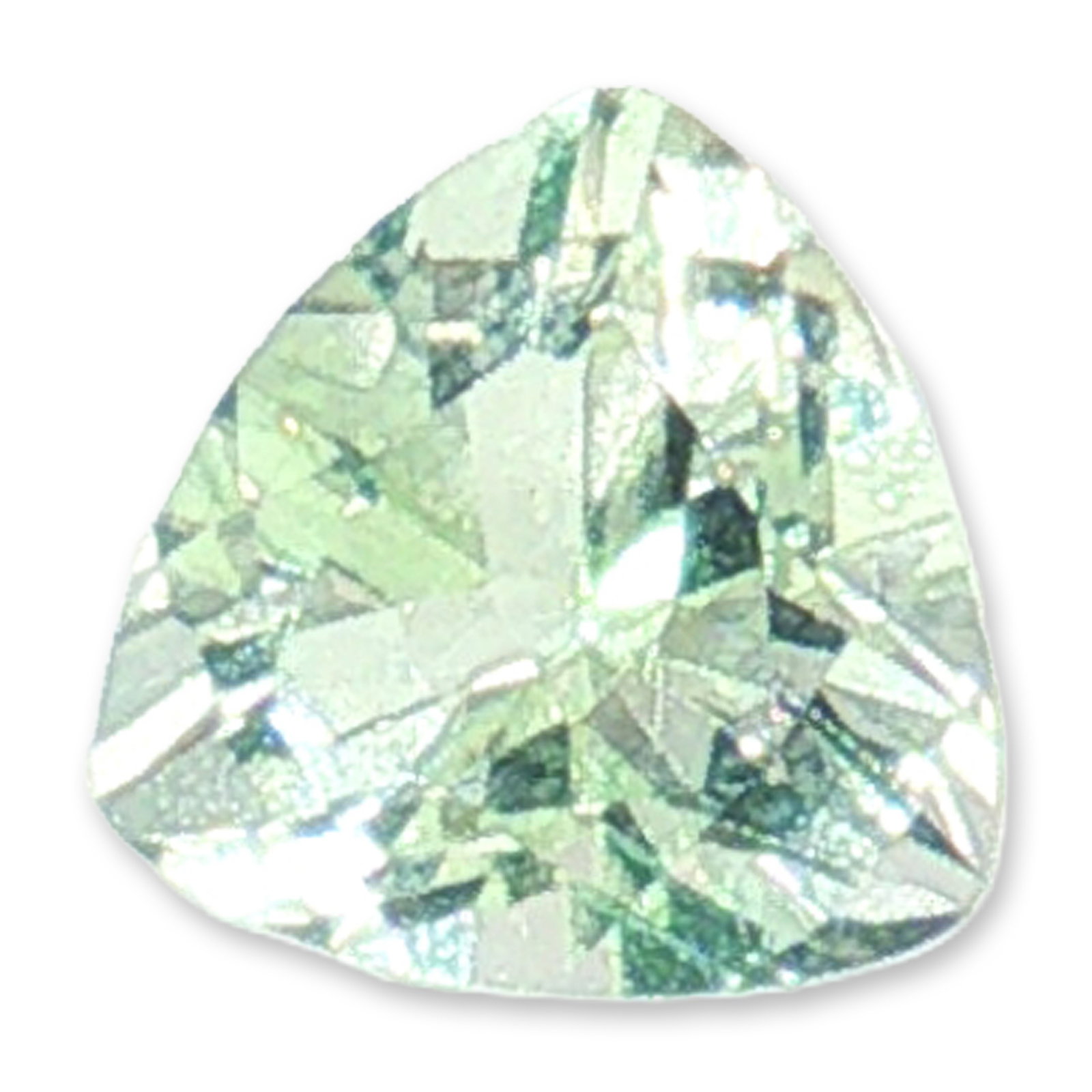 Loose Trillion Cut Pale Green Spinel Gemstone: A loose faceted gemstone which appears to be pale green spinel, featuring a classic trillion cut with a triangular silhouette and softly curved edges. The unmounted stone exhibits a delicate mint