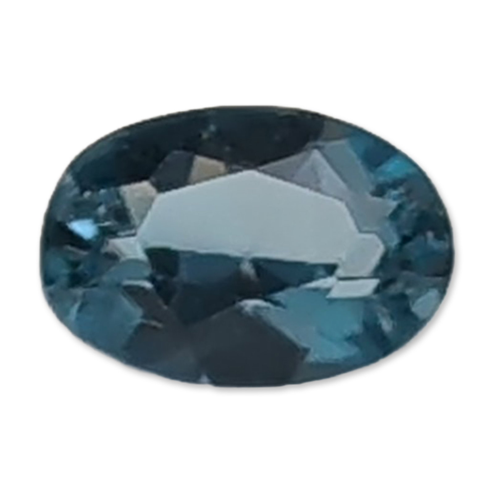 Loose Faceted Teal Blue Oval Topaz Gemstone: Loose faceted topaz gemstone in a mixed oval cut. The stone exhibits a deep teal-blue color. Visual inspection indicates eye-clean clarity with sharp facet junctions and no significant internal