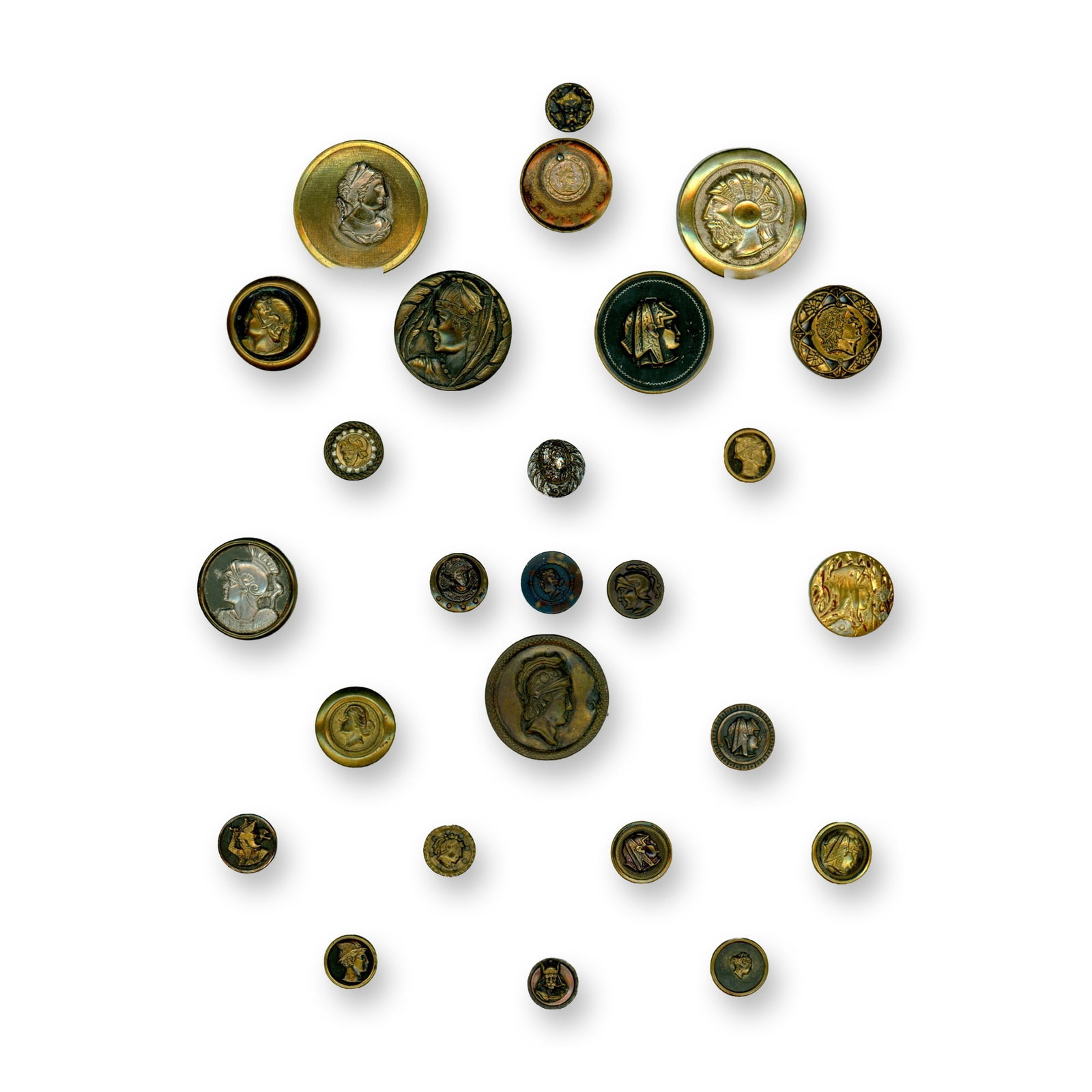 A CARD OF DIVISION ONE ASSORTED METAL PICTORIAL BUTTONS: 19 S/M/L 19th century examples specialized to heads. This card includes women, men, Egyptian and more. Dimensions: SM=Less than 3/4", Medium=3/4" to 1 1/4". Large=1 1/4" and above, extra large=1 3/4" 