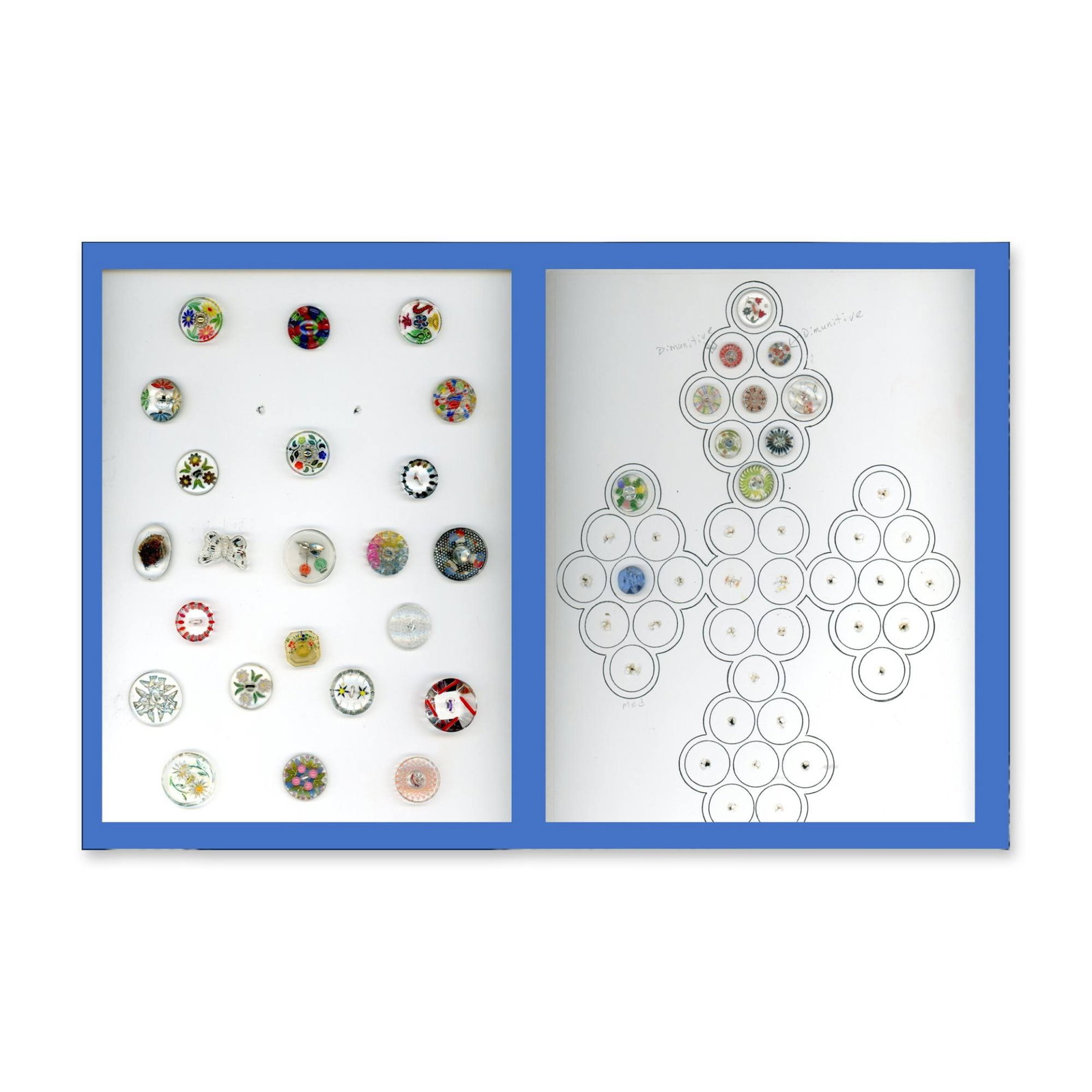 A CARD PLUS OF DIVISION THREE GLASS BUTTONS: 34 Small/Medium West German glass specialized to painted backs. Here ius a beautiful and colorful card of these desirable and gorgeous buttons. Dimensions: SM=Less than 3/4", Medium=3/4" to 1 1/4". La