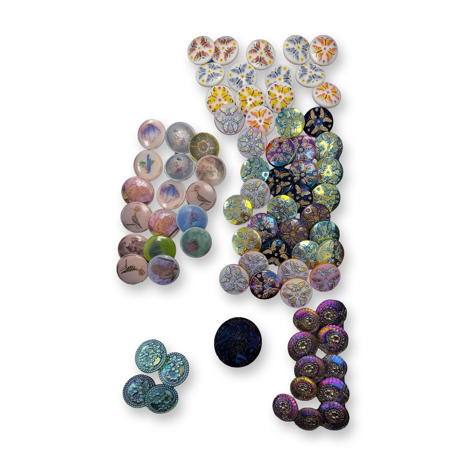 AN ASSORTMENT OF DIVISION THREE GLASS BUTTONS: 77 Medium/Large assorted Czech Republic glass examples. This selection includes a large variety of styles including pictorials and patterns all dating to the late 1990's to early 2000's from the Czech