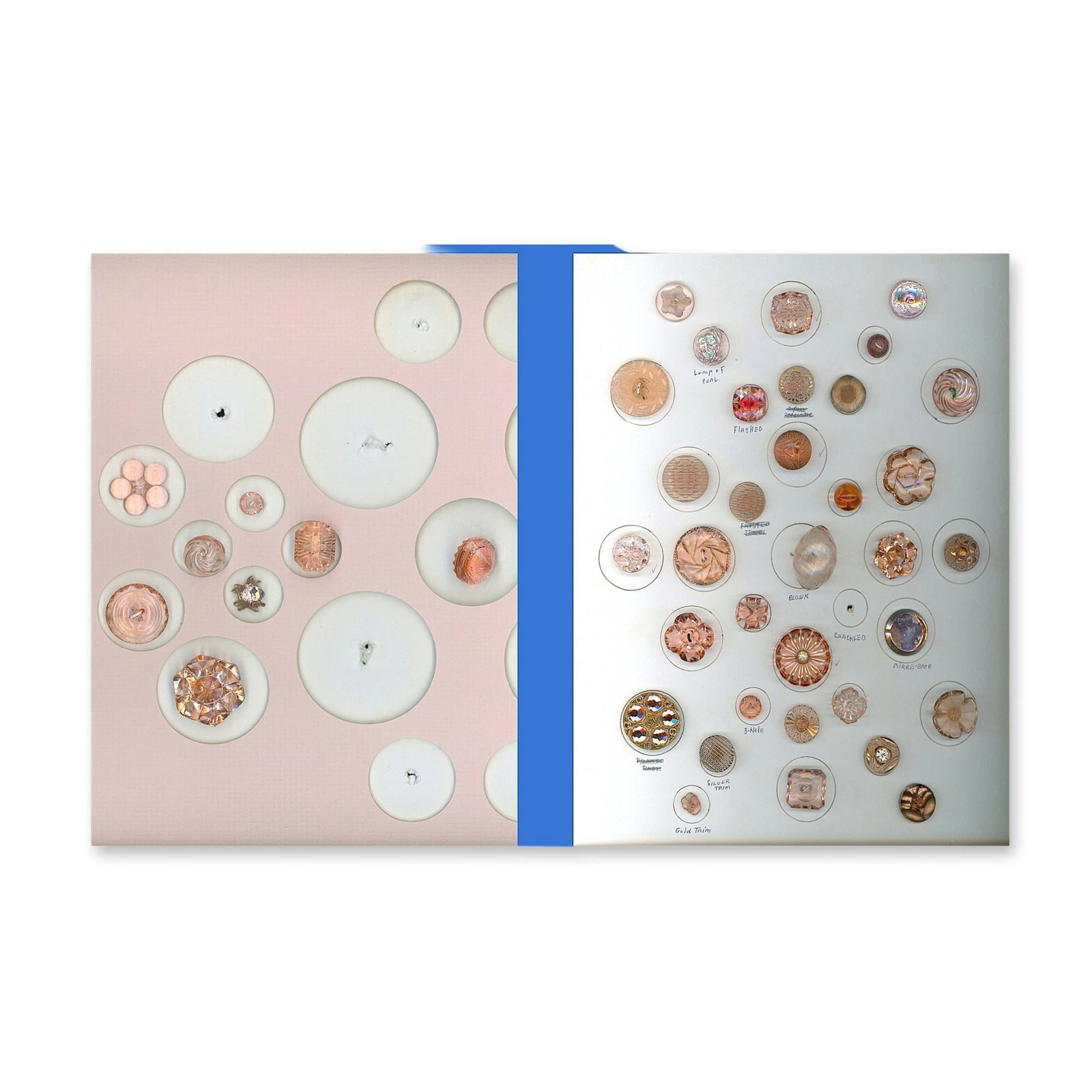 1 PLUS CARD OF ASSORTED WEST GERMAN PINK GLASS BUTTONS: 42 S/M/L 20th century assorted styles and examples.. Here is a lovely selection of pink glass in a variety of techniques including faceted, frosted, paste OME (other material embellishment), mirror ba
