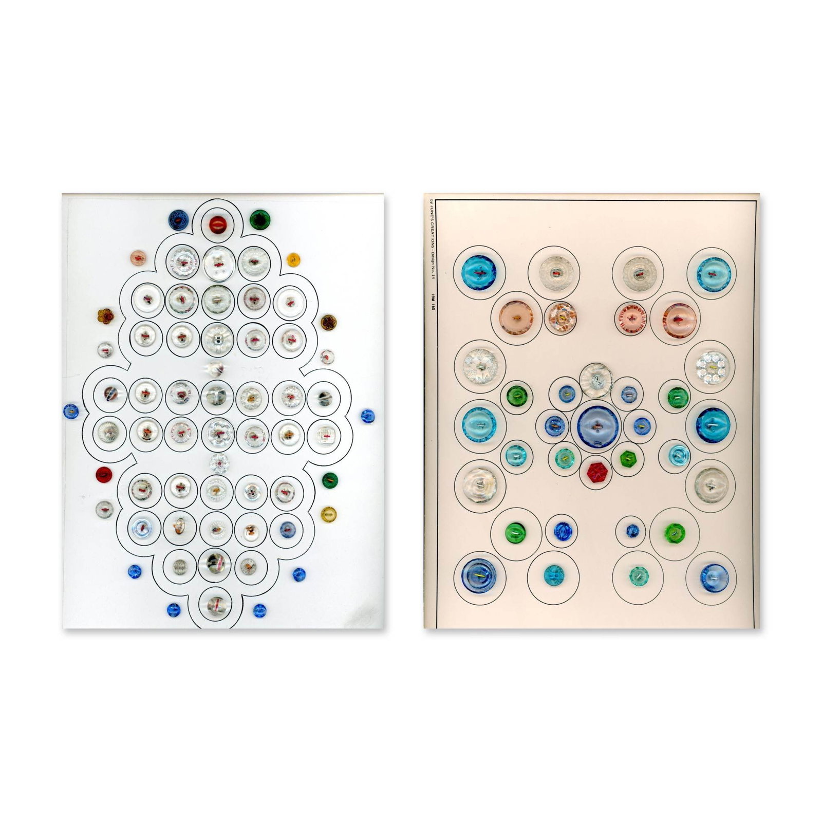 2 CARDS OF ASSORTED CLEAR AND COLORED GLASS BUTTONS: 95 Small/Medium transparent and clear glass examples. Here are two brilliant and vibrant cards of glass including a large set of clear glass for those who might like to sew them on a garment, they wou