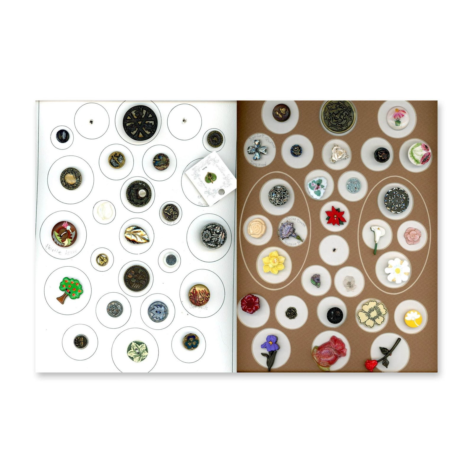 2 Cards of assorted material plant life buttons: 51 Small-Medium-Large 19th-20th century assorted techniques. These two cards of plant life buttons includes a large selection of florals, leaves and more. The lot includes Lucite, black glass, metals,