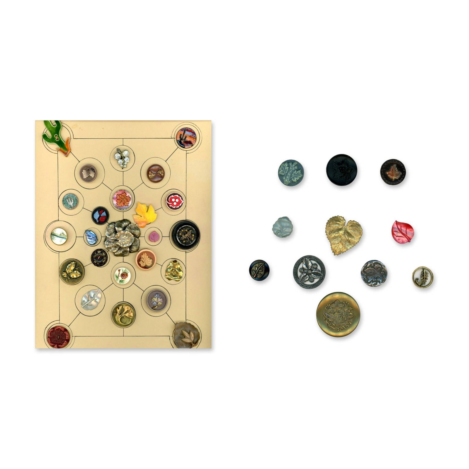 2 CARDS OF DIVISION 1 AND 3 ASSORTED LEAVES BUTTONS: 36 Small/medium 19th/20th century assorted material examples. These two cards include leaves and a couple of Cactus buttons including a wonderful pictorial enamel example. The lot includes several ass