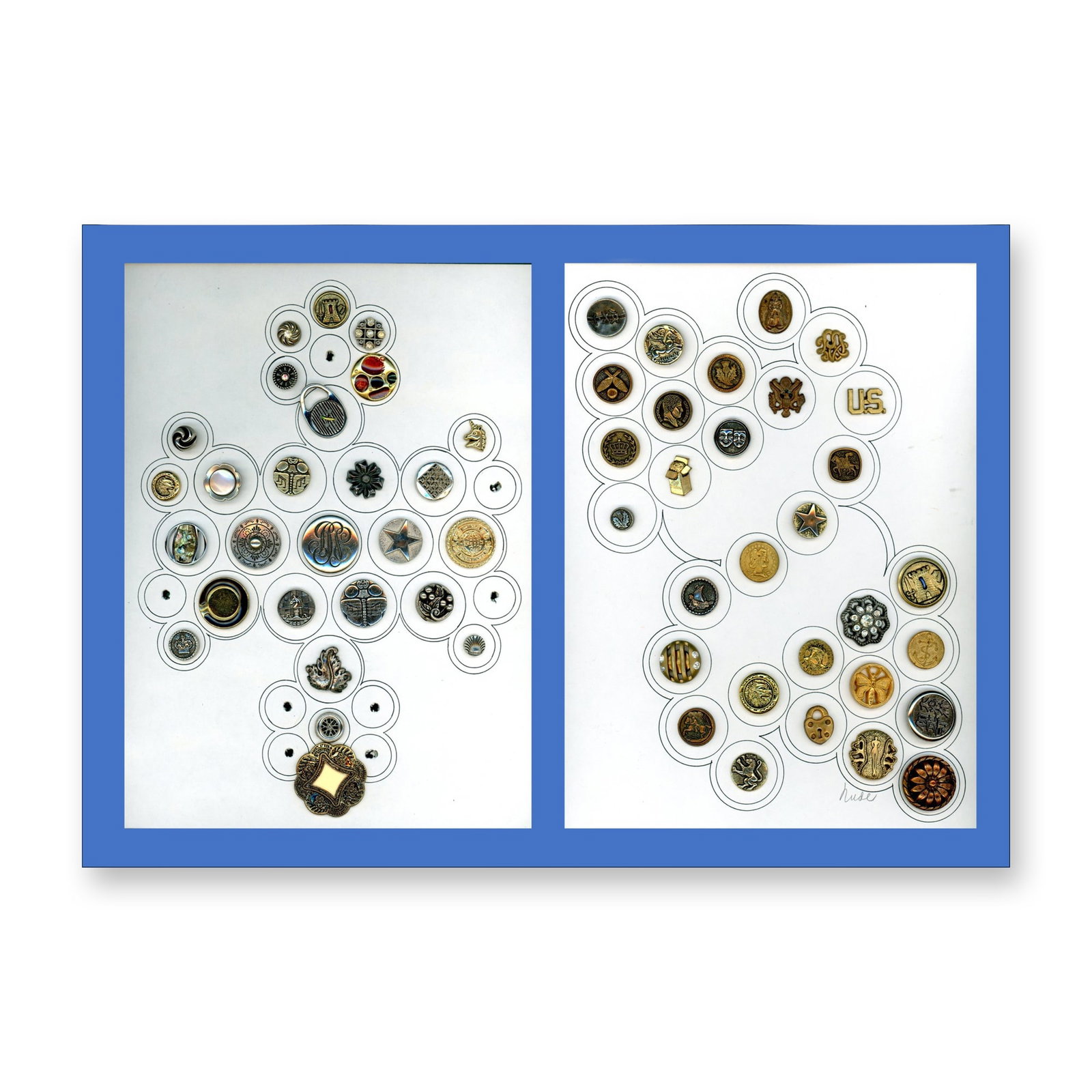 2 CARDS OF DIVISION THREE METALIZED PLASTIC BUTTONS: 56 S/M/L 20th century gold and silver colored examples. This lot includes shapes, pictorials, patterns and more. Dimensions: SM=Less than 3/4", Medium=3/4" to 1 1/4". Large=1 1/4" and above, extra lar