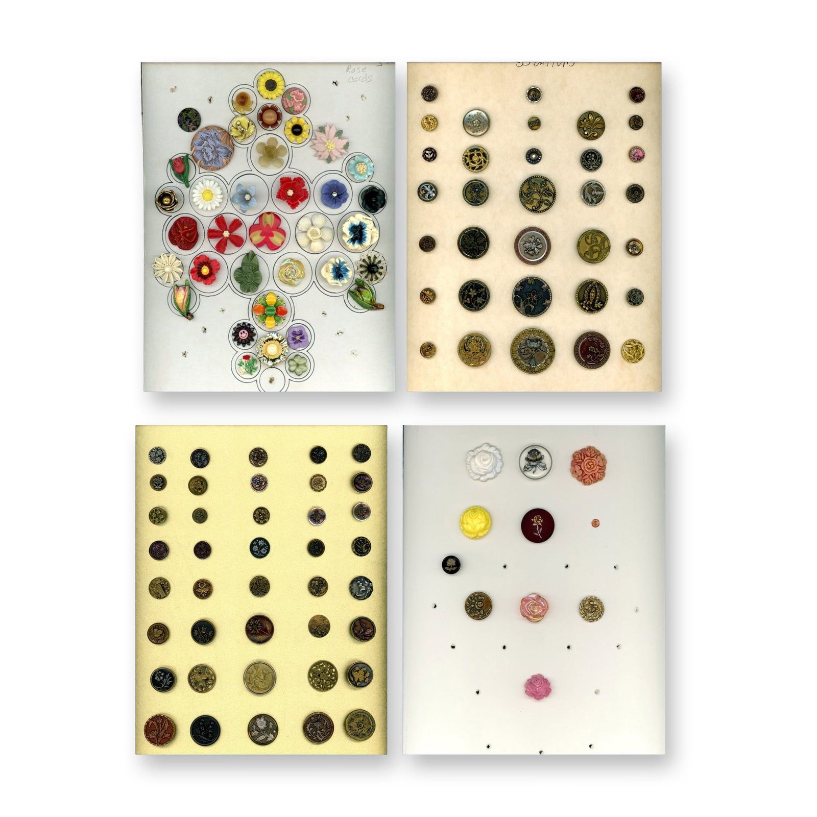 4 CARDS OF ASSORTED PLANT & STYLISED PLANT LIFE BUTTONS: 120 S/M/L mostly 19th/20th century assorted material examples. These cards include many metal, plaster, celluloid, cold plastic enamel, glass, jasperware and more. Dimensions: SM=Less than 3/4", Mediu