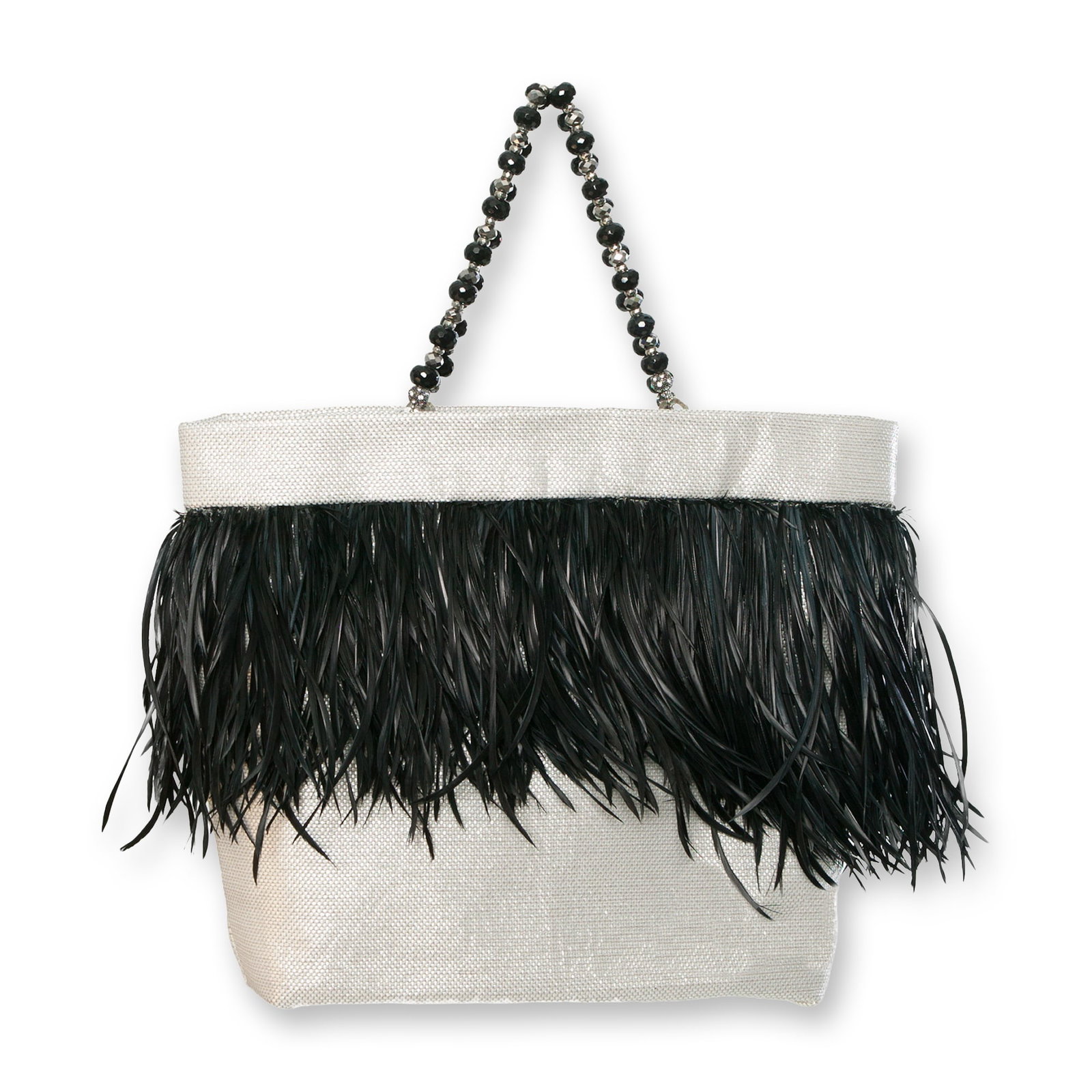 Irene Marie Angel Bag, Mary Precious Medio: One-of-a-kind, unique creation, couture silver grey raffia precious bag with black biot feathers. Lining Black satin rayon. Handle Black 18mm round faceted onyx beads with 10mm faceted pewter crystals