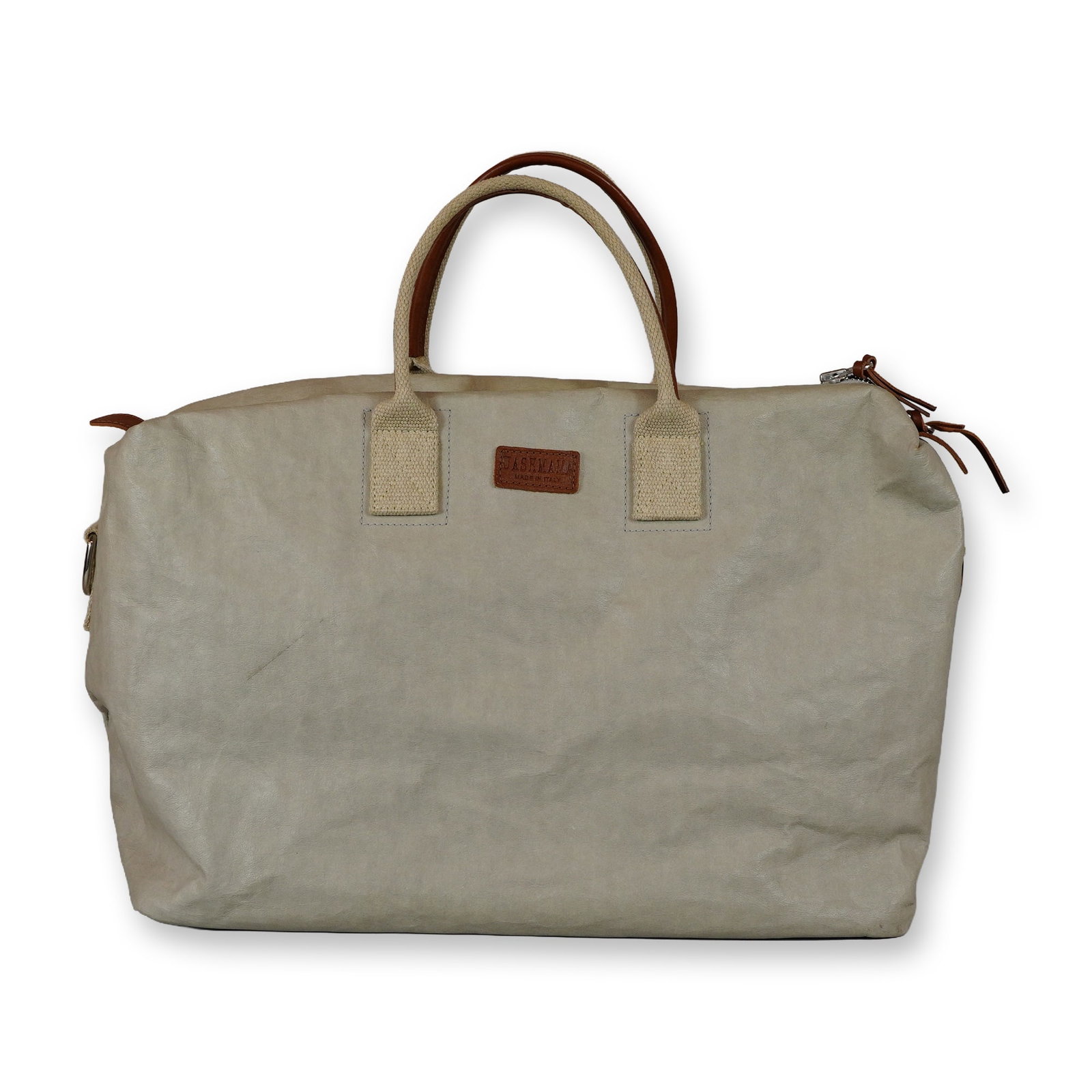 Uashmama Roma Washable Paper Large Weekender Bag: Uashmama, Italy. Large Roma style weekender bag crafted from off-white AGGO washable paper, a treated cellulose fiber designed to mimic the appearance of distressed leather. The bag features cotton ca