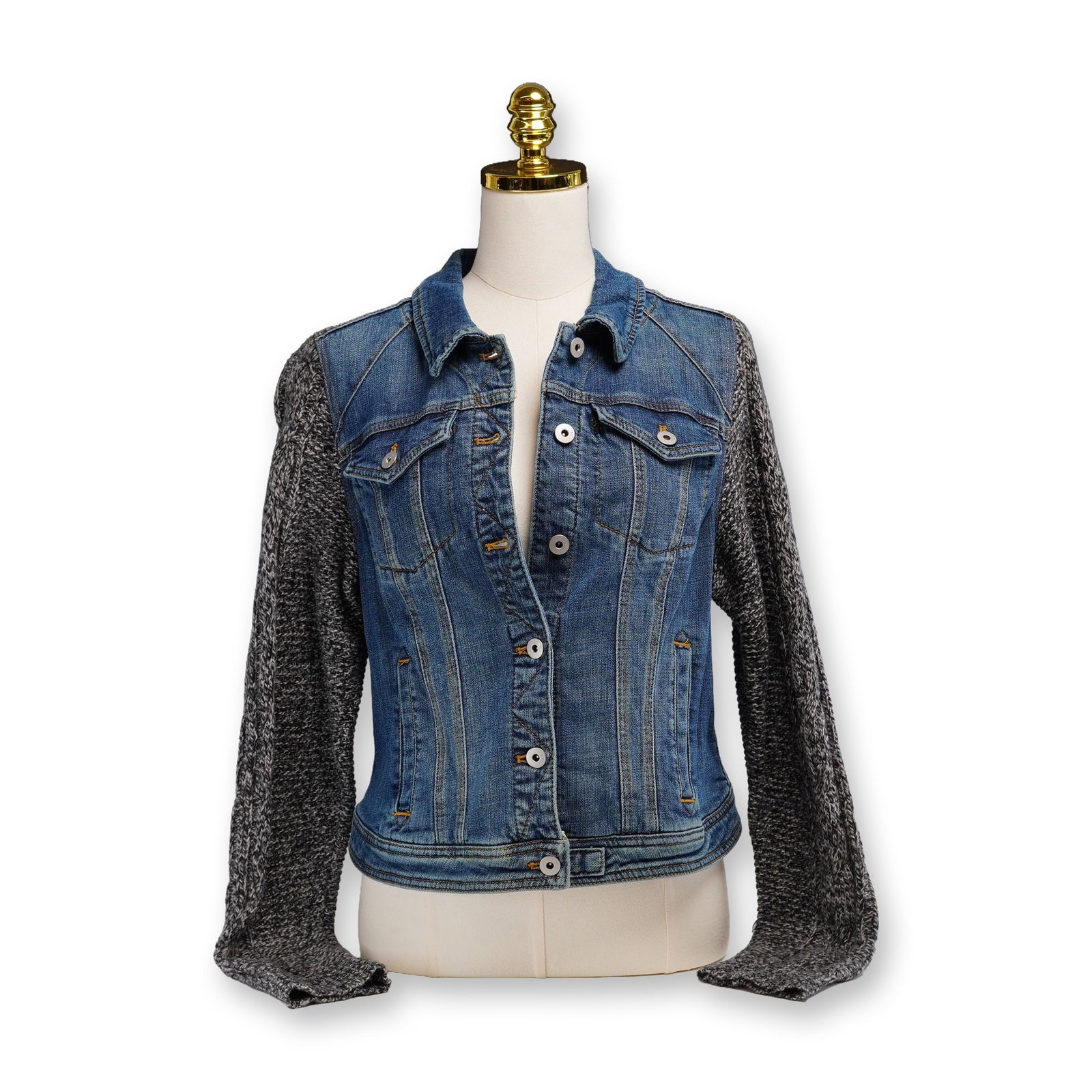 Contemporary Anthropologie Pilcro and the Letterpress Sweater-Sleeve Denim Jacket: This contemporary mixed-media jacket by Pilcro and the Letterpress for Anthropologie features a hybrid design combining a classic trucker silhouette with knitwear elements. The body is constructed fro