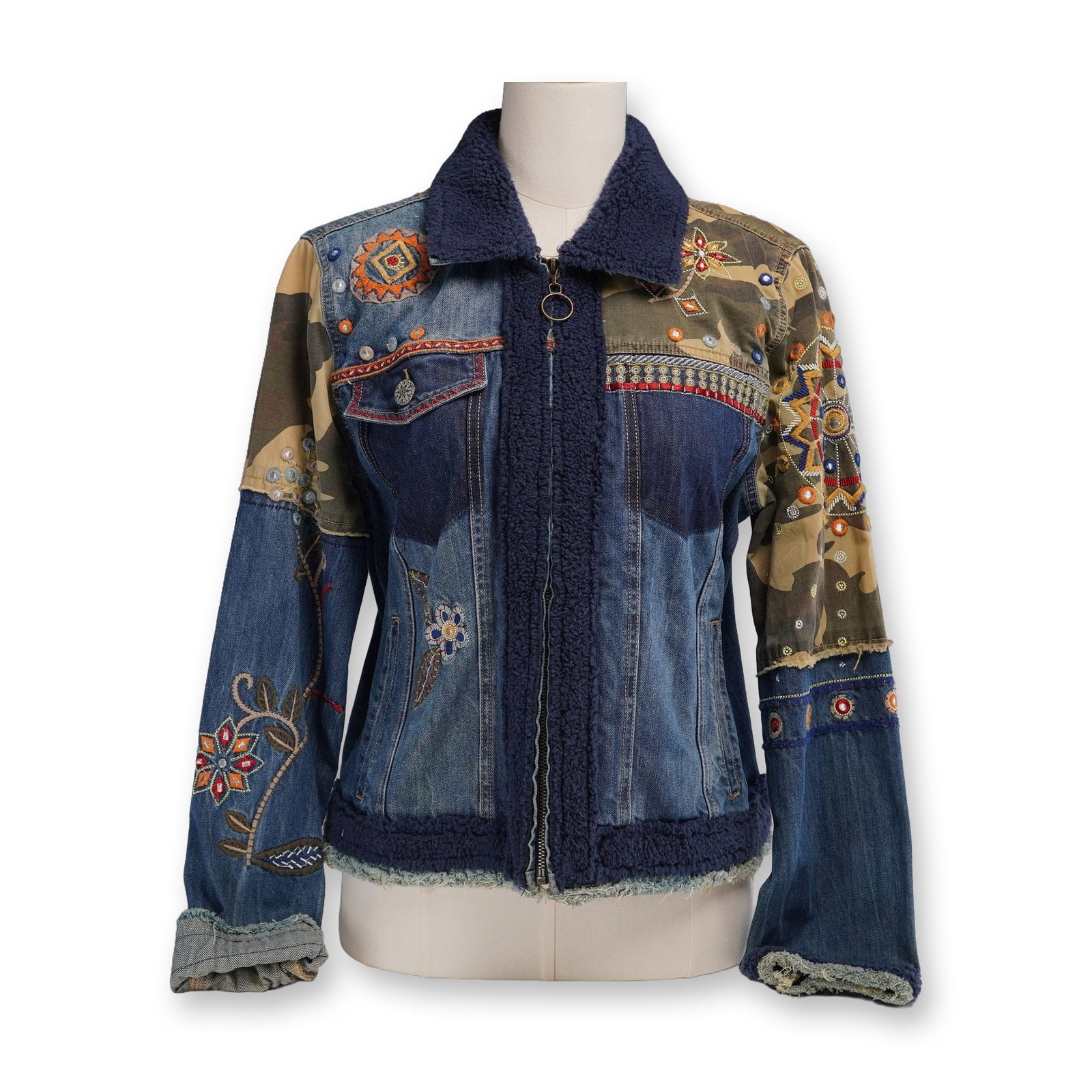 Contemporary Desigual Patchwork Denim Jacket with Embroidery and Fleece Detailing (1 of 5)