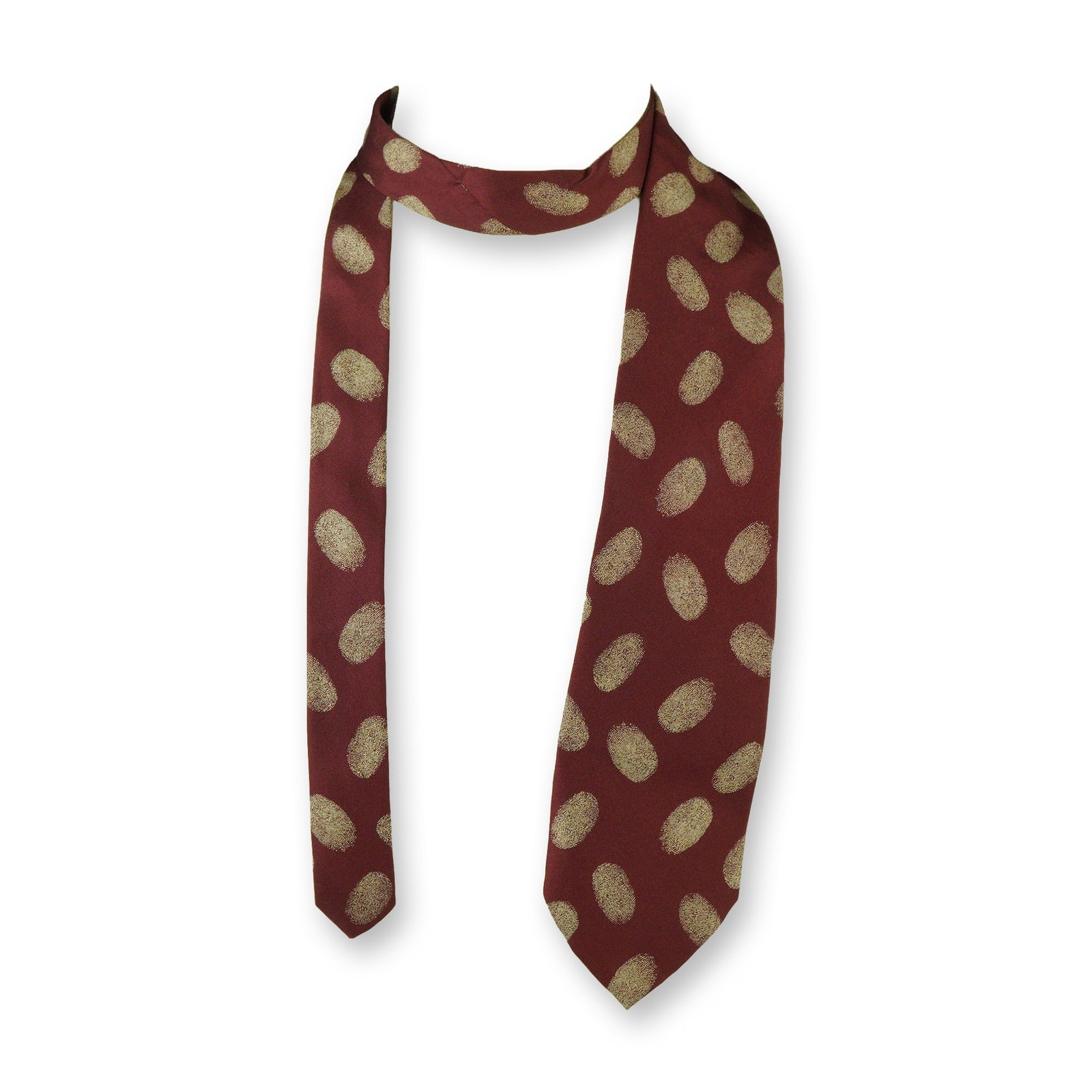 Moschino Silk Necktie, Burgundy with Gold Fingerprints: A playful and bold designer necktie by Moschino, featuring a deep burgundy ground patterned with oversized gold fingerprint motifs. This 100% silk tie showcases the brand's signature mix of wit and lu