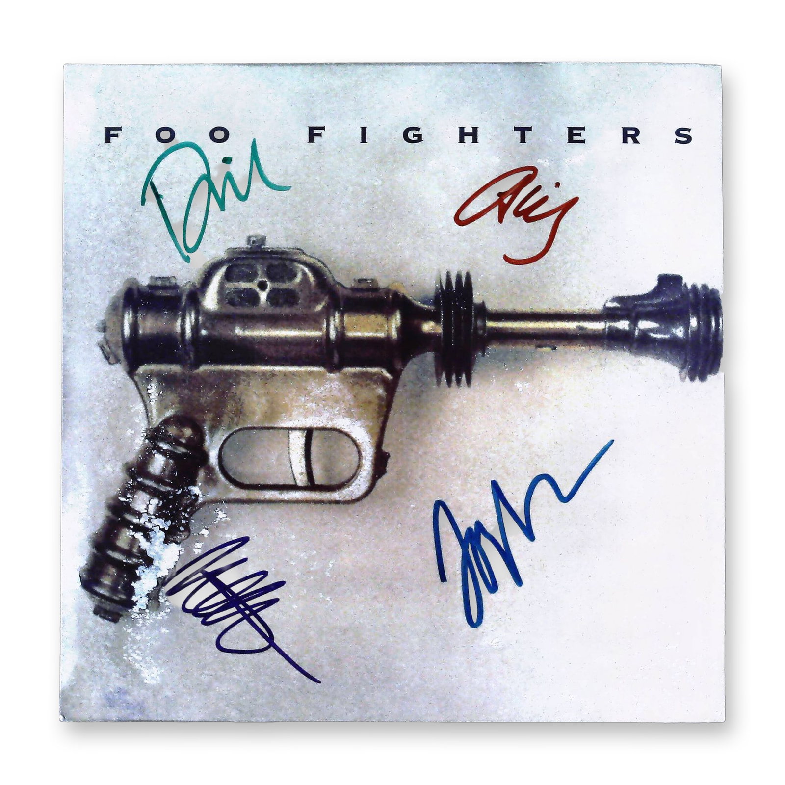 Signed Foo Fighters Self-Titled Debut Album Vinyl LP with Certificate of Authenticity: The lot comprises three items: an autographed vinyl LP album sleeve, a black vinyl LP record, and a Certificate of Authenticity (COA). The album is identified through web consensus and track listing a