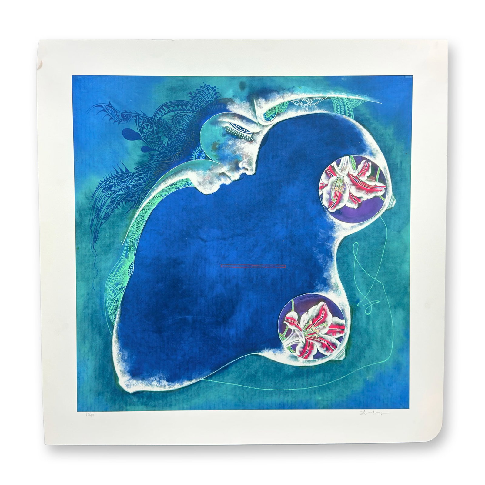 Lu Hong, Virgo, Limited Edition Giclee, 25/99, Signed in Pencil: This limited edition giclee print, titled Virgo, is by artist Lu Hong. The artwork presents a surrealist composition set against a mottled deep blue and turquoise background. The imagery features a hu