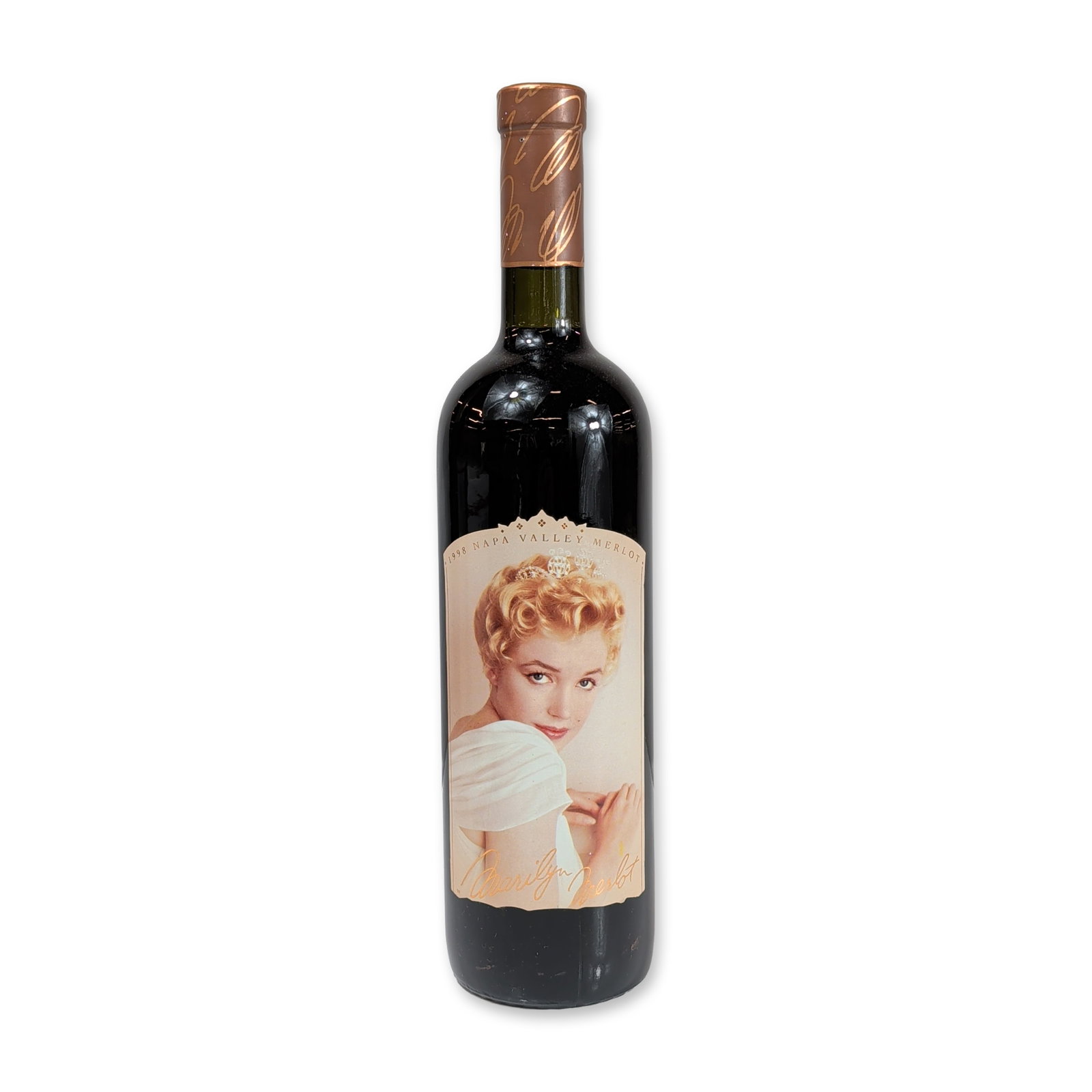 Marilyn Merlot 1998 Napa Valley Merlot Wine: Nova Wines Inc. Marilyn Merlot, 1998 vintage. A bottle of Napa Valley Merlot featuring a portrait of Marilyn Monroe in a white gown and tiara from a 1952 sitting. The front label is inscribed 1998