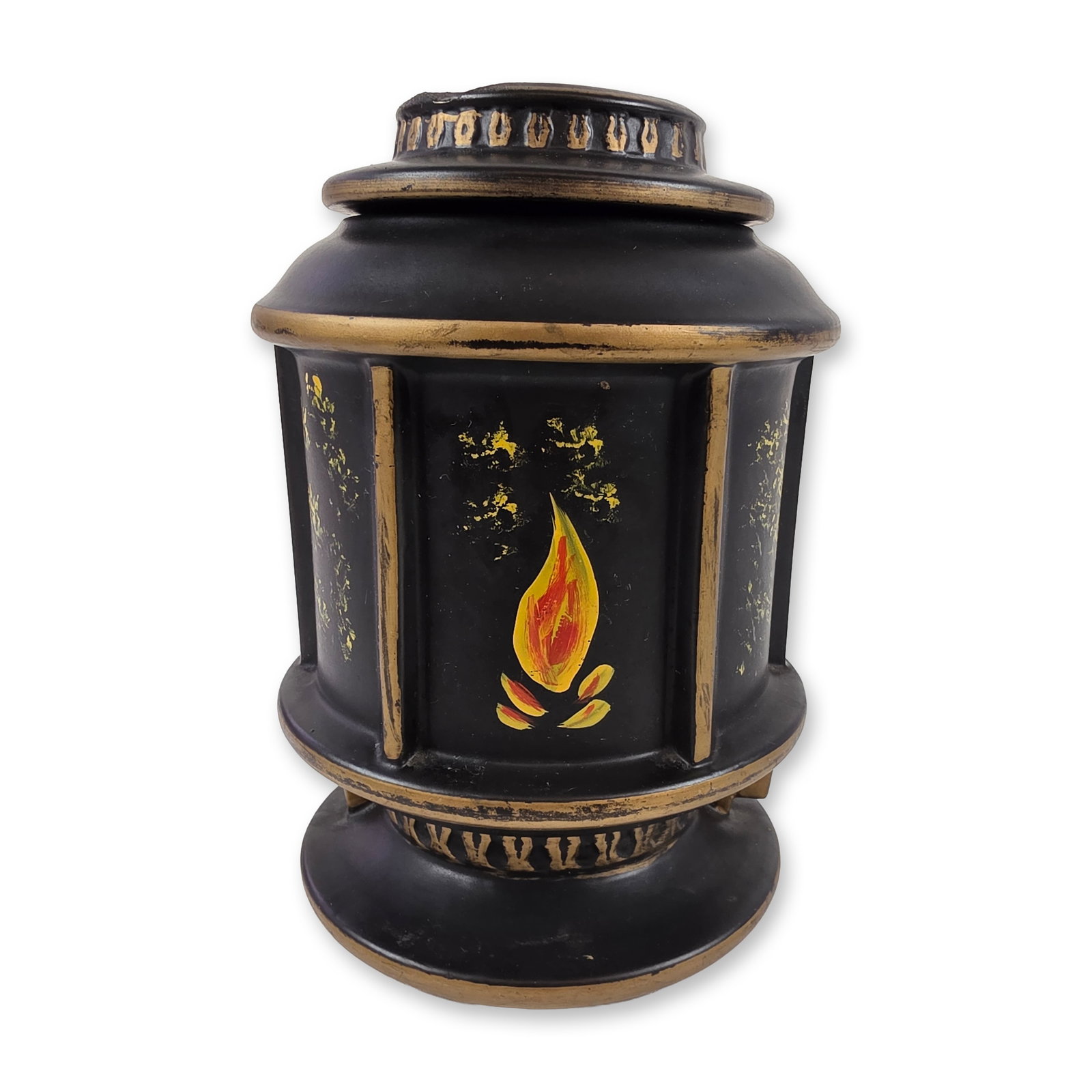 McCoy Pottery Black Ceramic Lantern Cookie Jar: McCoy Pottery ceramic cookie jar in the form of a lantern with a matte black glaze and hand-painted decorations. The cylindrical body features vertical ribs and a stepped, removable lid. Decorative el