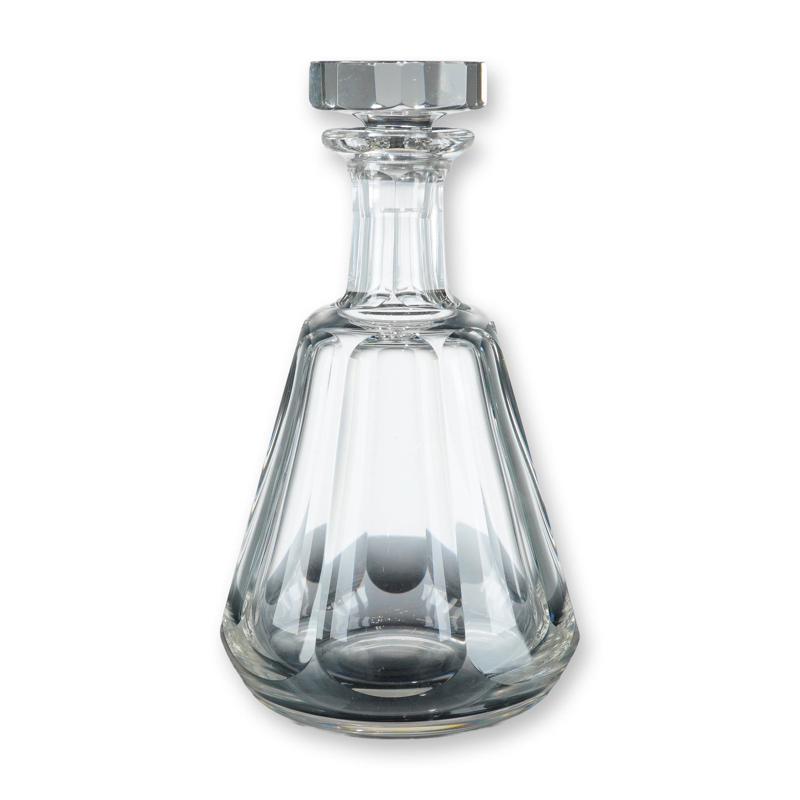 Baccarat Talleyrand French Crystal Decanter with Stopper: Talleyrand pattern spirit or wine decanter in clear lead crystal, featuring a conical body decorated with broad, vertical flat-cut facets. The faceted neck transitions to a flared rim. Includes a matc