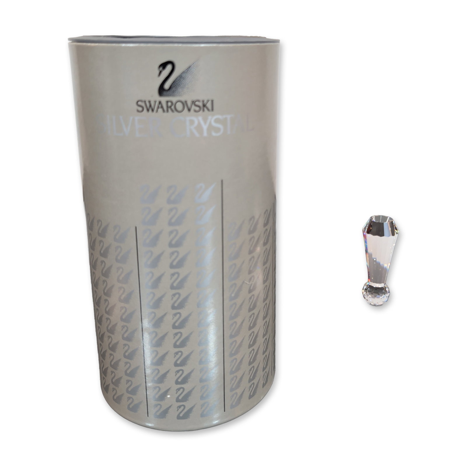 Swarovski Silver Crystal Small Table Bell: The upper portion of the bell body is frosted and decorated with three stylized flower motifs, each centered with a small black crystal bead. The lower portion of the bell is clear crystal with a flar