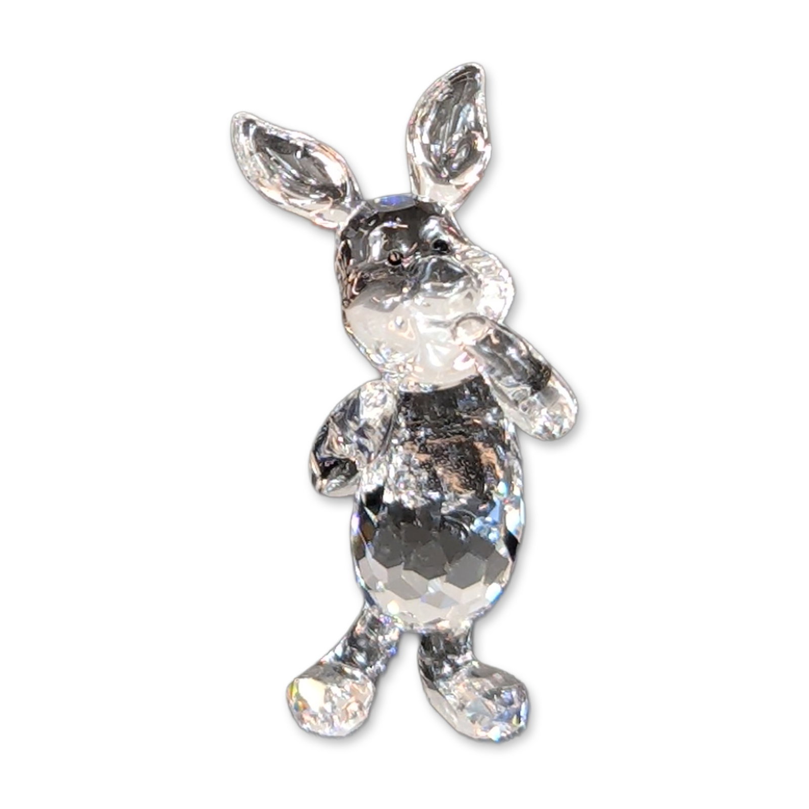 Swarovski Crystal Disney Winnie the Pooh Piglet Figurine: Swarovski crystal figurine, depicting Disney Winnie the Pooh Piglet character in faceted clear lead crystal. The stylized figure features a faceted body and head with smooth ears and jet black eyes. T