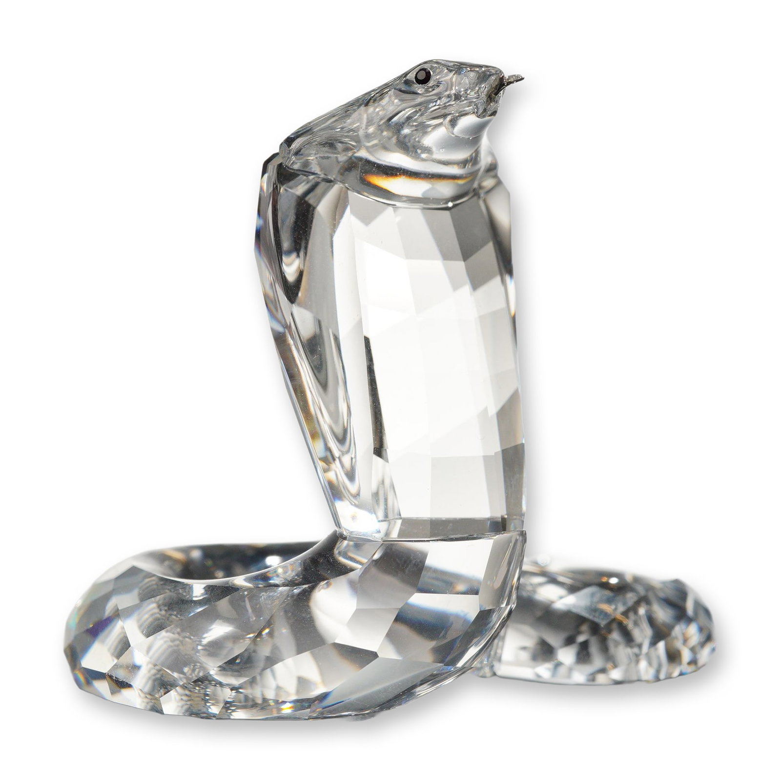 Swarovski Crystal Cobra Figurine with Box: Swarovski Silver Crystal cobra figurine, model number 271241 (7603 000 003), featuring a rearing cobra snake with an expanded hood and coiled lower body. Constructed from faceted clear lead crystal, t