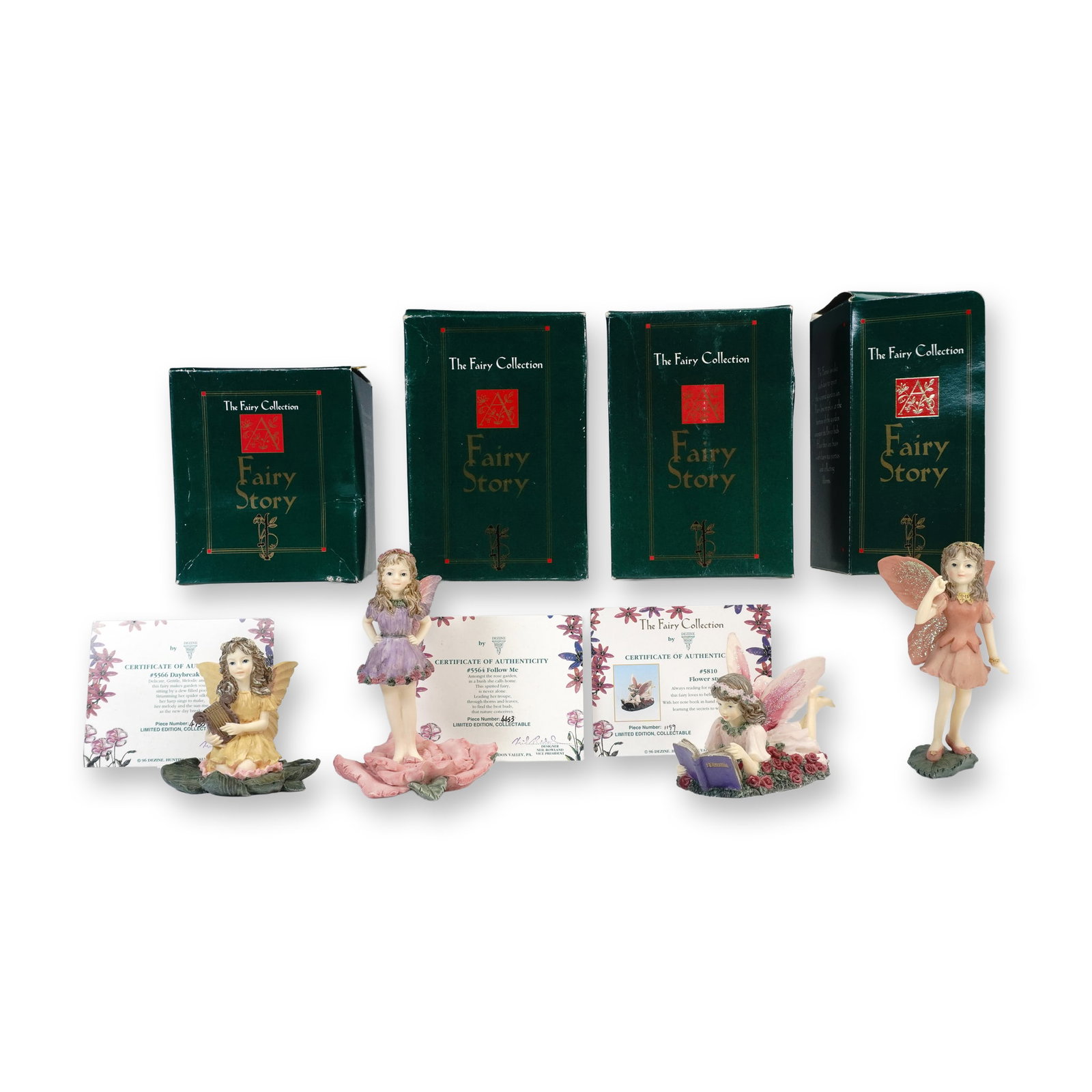 4pc Dezine The Fairy Collection Figurines, with Boxes: Set of four limited edition hand painted resin figurines from The Fairy Collection by Dezine Ltd. Titles include Thoughtful Fairy item 5594, Follow Me item 5564, Daybreak Fairy item 5566, and Flower S