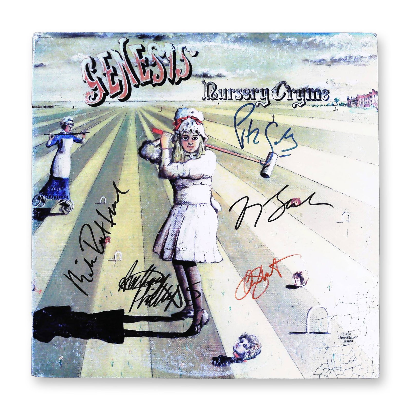 Genesis Nursery Cryme Signed LP Album with Field of Dreams COA: A vintage vinyl LP record and accompanying gatefold sleeve for the Genesis album Nursery Cryme, originally released in 1971. The record is designated with the catalog number CAS 1052 and features the 