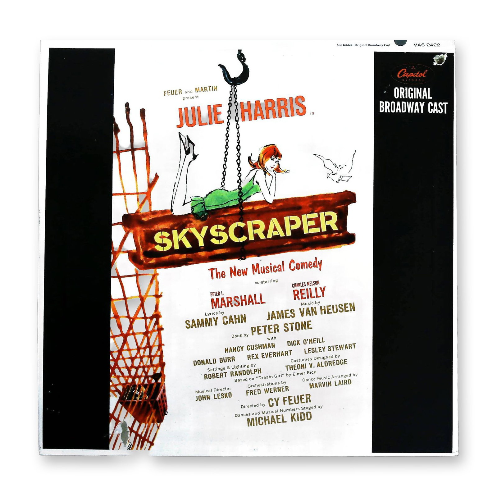 Capitol Original Broadway Cast Skyscraper LP Record: A monophonic vinyl LP record of the Original Broadway Cast Recording of the 1965 musical Skyscraper. The production starred Julie Harris, Peter L. Marshall, and Charles Nelson Reilly, featuring music 