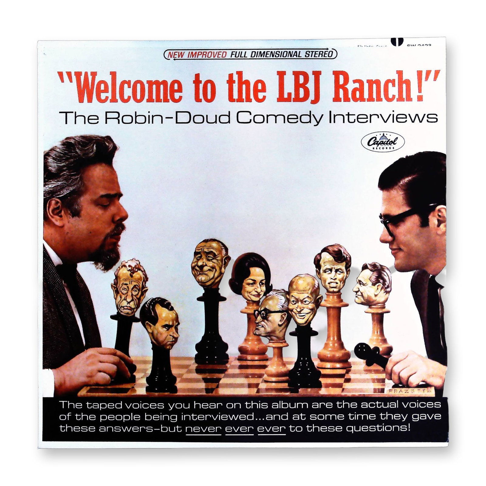 Earle Doud and Alen Robin Welcome to the LBJ Ranch! LP Record Album Capitol Records SW-2423: A single vintage black vinyl LP record album titled Welcome to the LBJ Ranch! The Robin-Doud Comedy Interviews, featuring Earle Doud and Alen Robin. The album was issued by Capitol Records under the c