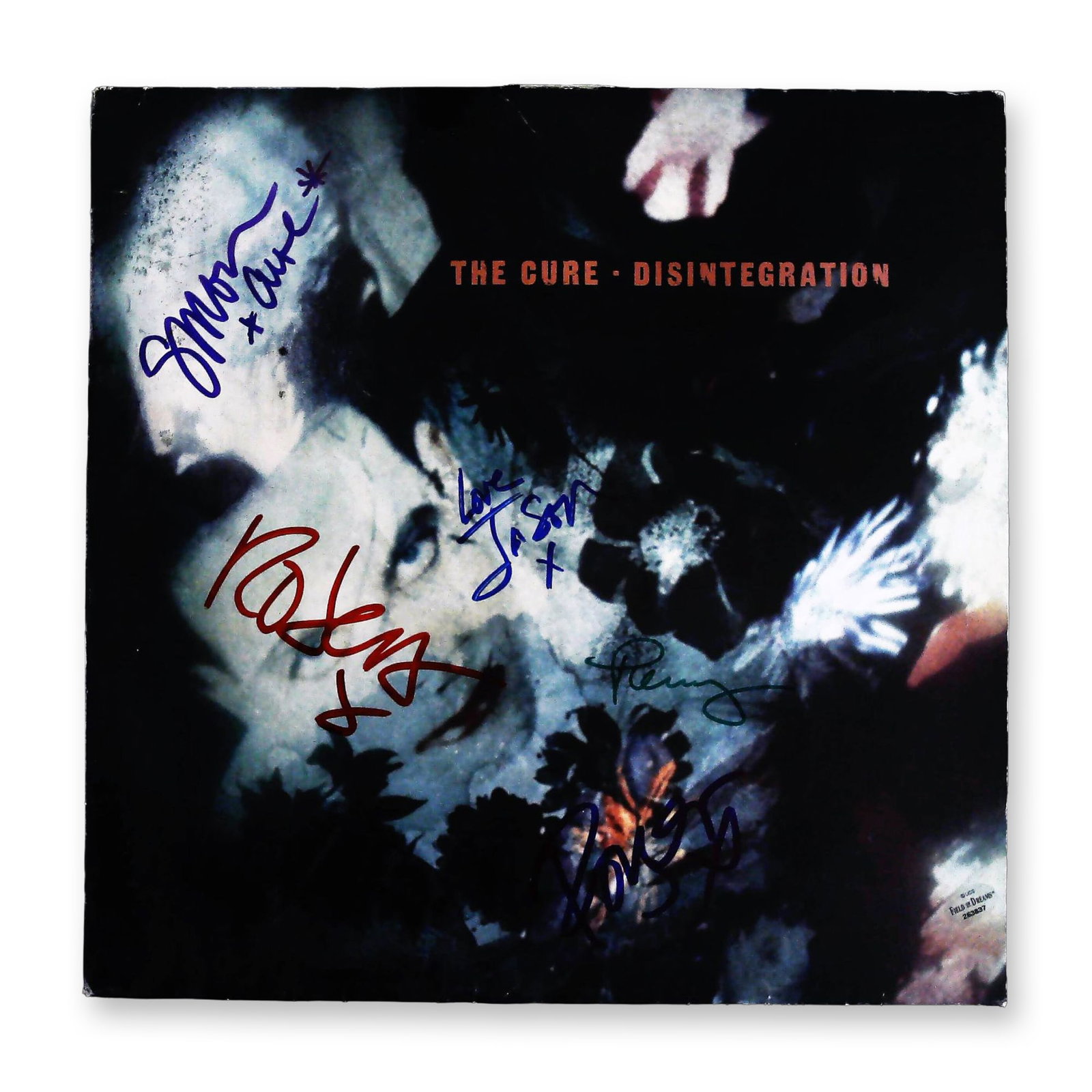 The Cure Disintegration Autographed 1989 LP Record with Field of Dreams COA: A trio of items consisting of an original 1989 pressing of the album Disintegration by The Cure, a black vinyl LP disc, and a Certificate of Authenticity. The gatefold sleeve features the printed arti