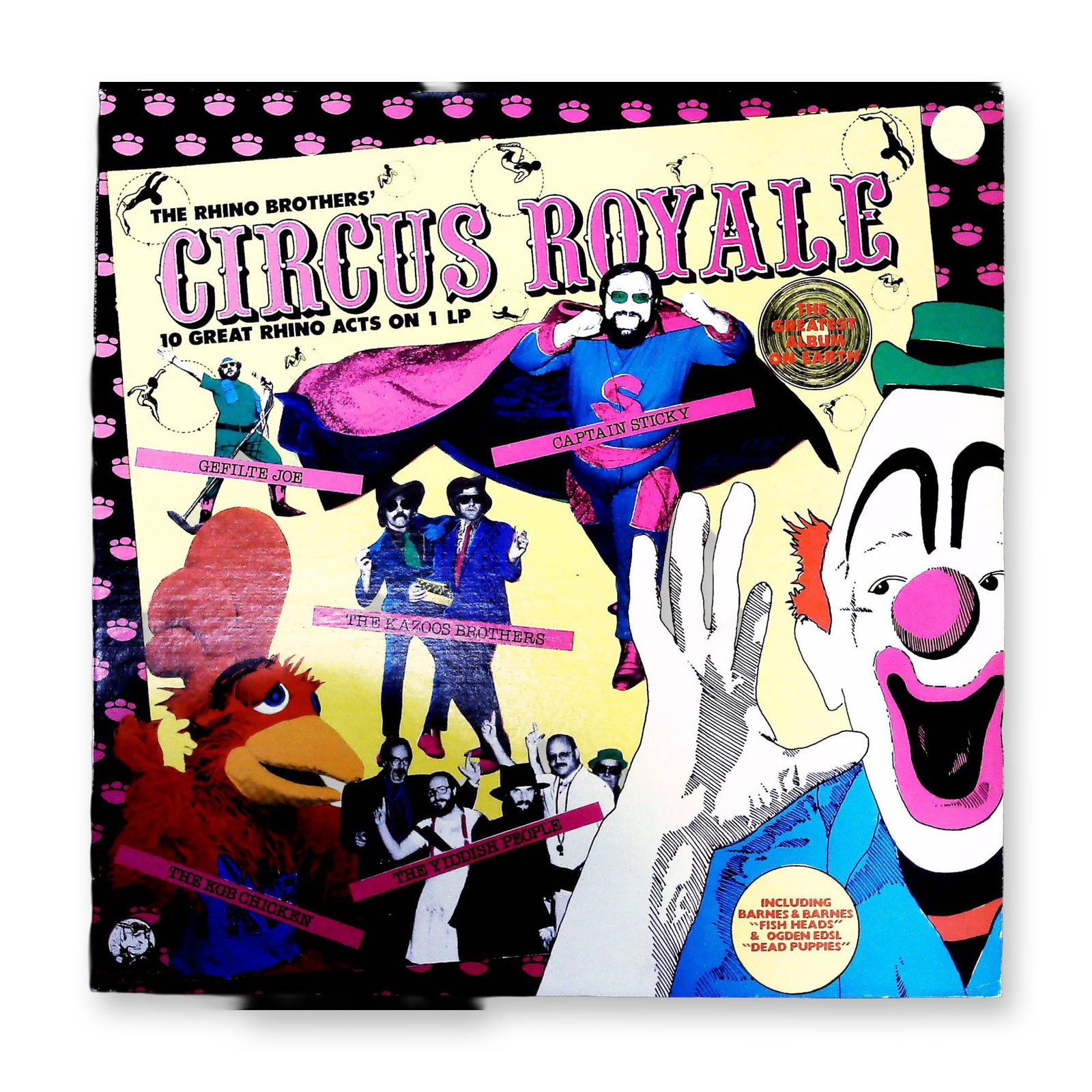 The Rhino Brothers' Circus Royale Various Artists LP Rhino Records RNLP 007: A single 12-inch black vinyl LP record titled The Rhino Brothers' Circus Royale: 10 Great Rhino Acts on 1 LP, featuring a compilation of novelty and comedy recordings by various artists. The record wa