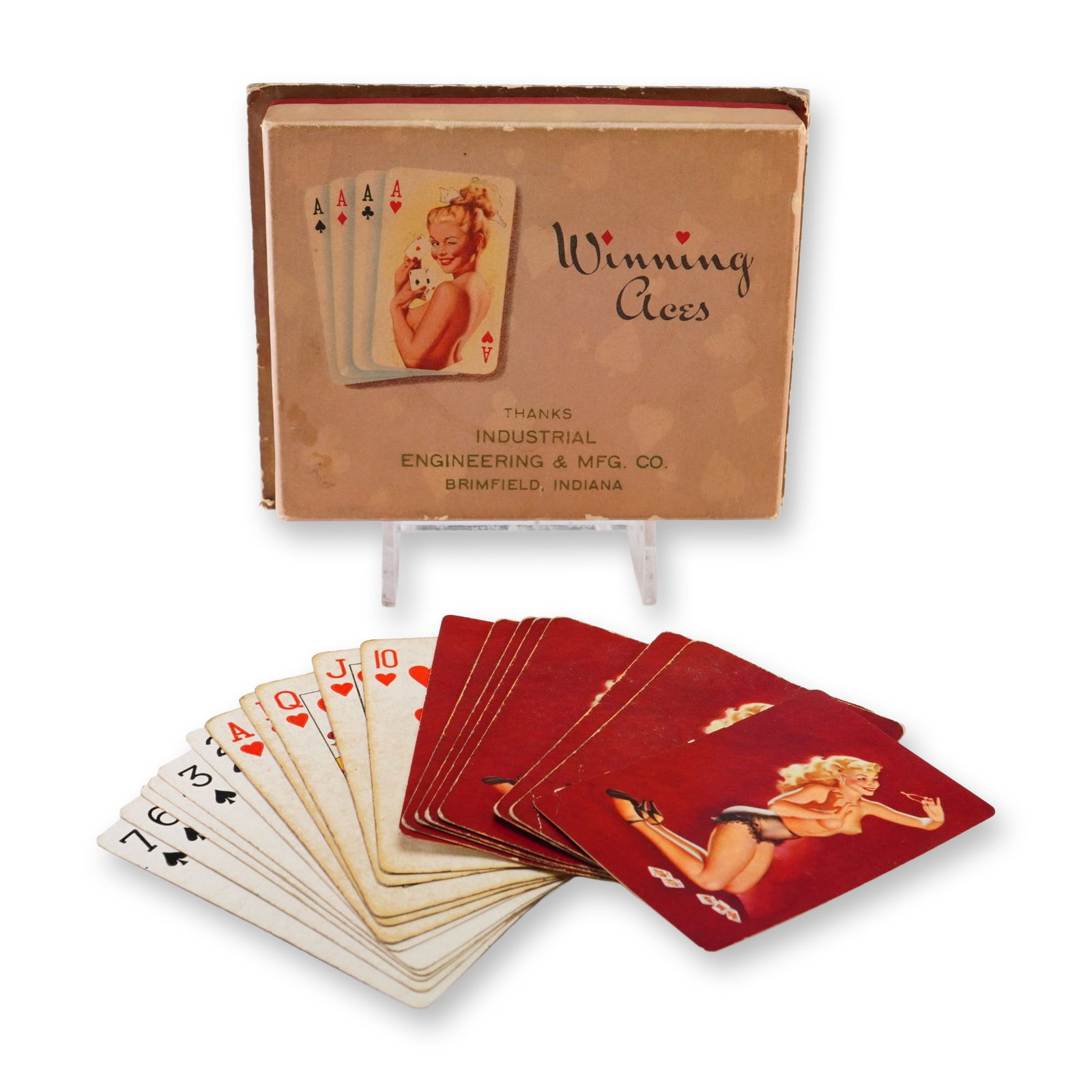 Vintage Remembrance Pin-Up Playing Card Decks Winning Aces: This erotica collectors card grouping features a double deck set of mid-century pin-up playing cards manufactured by Remembrance Playing Cards, a brand of Brown and Bigelow. Titled Winning Aces, this 