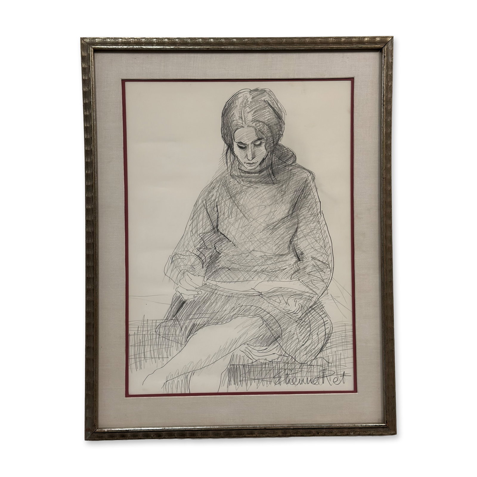 Etienne Ret (French-American, 1900-1996), Seated Woman, Graphite on Paper: This original graphite drawing on wove paper is by the French-American artist Etienne Ret (1900-1996). The work depicts a seated woman in a contemplative pose, looking downward, rendered in an express