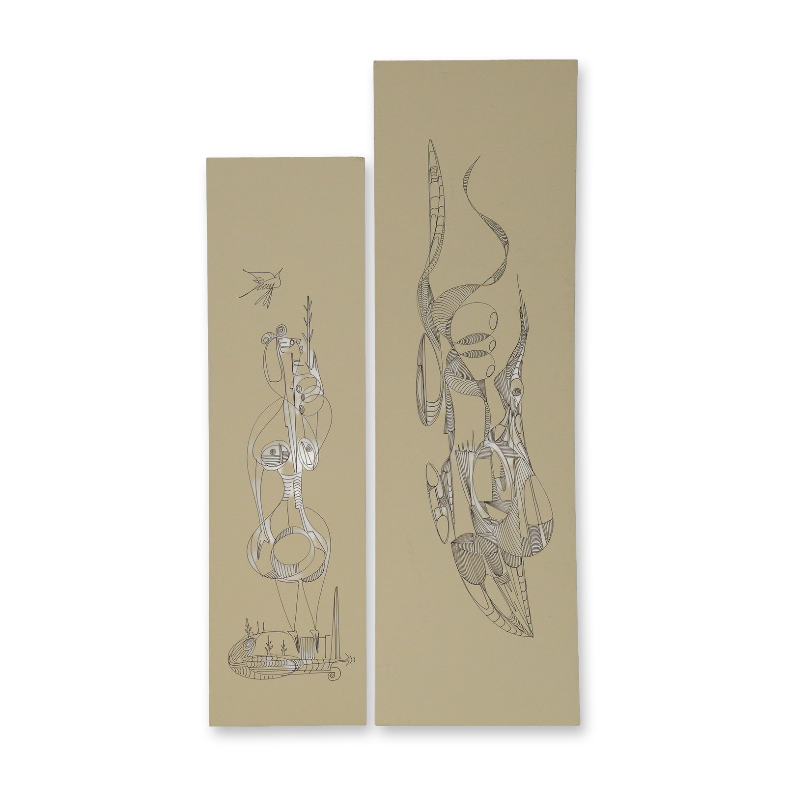 2pc Alfonso Rendon aka Masplata (Panamanian, 1957 - 2025), Pen Sketch on Board, Figuras: Masplata described himself as a transmitter, using line, color, and form to convey visions of harmony, life, and nature. His work reflects an ongoing act of creation rooted in persistence, healing, an