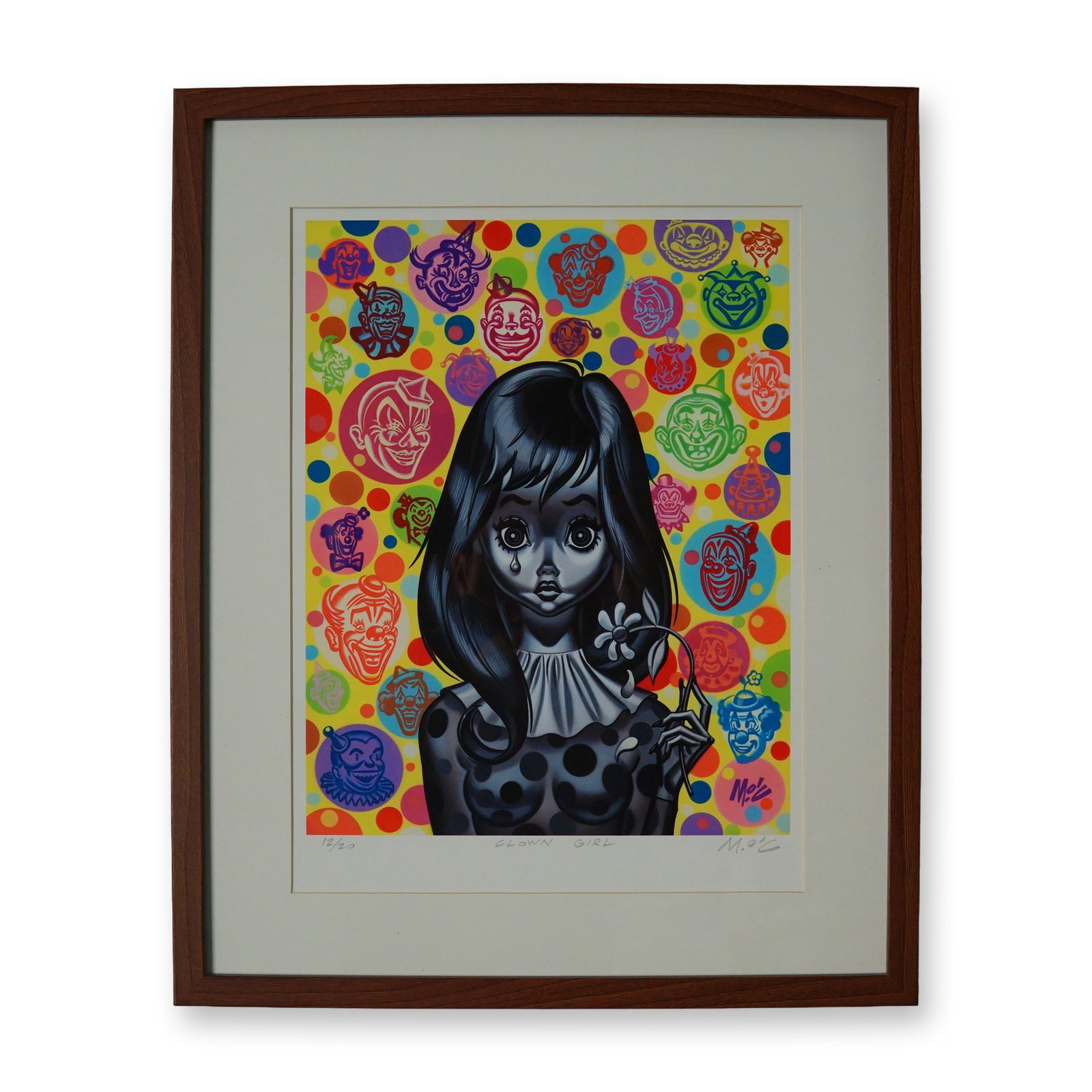 Mitch O'Connell (American, b. 1961) Lithograph on Paper, Clown Girl: A striking and unmistakably whimsical lithograph by acclaimed American artist and illustrator Mitch O'Connell (b. 1961), Clown Girl exemplifies the artist's signature blend of vintage Americana, pin-u